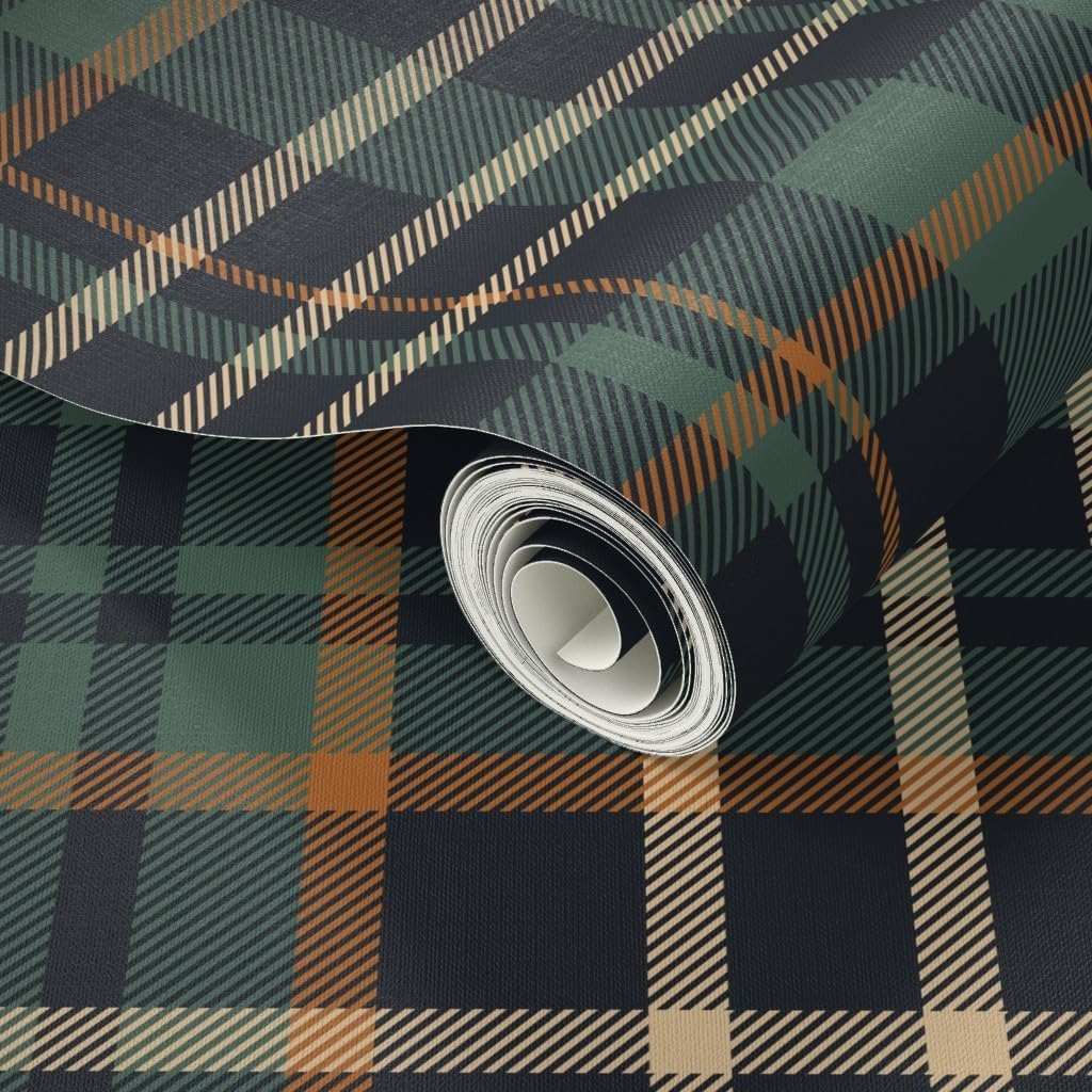 Peel & Stick Wallpaper 3ft x 2ft - Dark Green Check Rustic Cabin Autumn Plaid Cozy Fall Forest Teal Blue Custom Removable Wallpaper by Spoonflower
