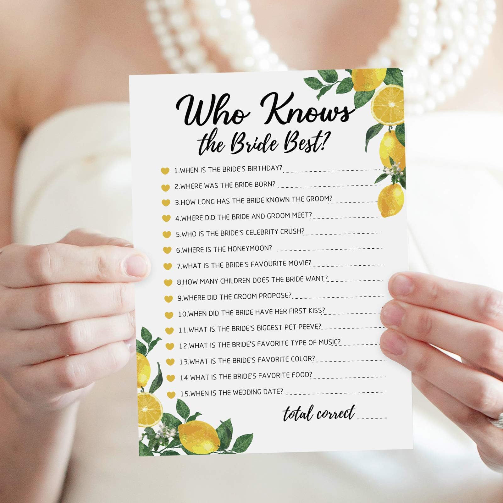 Cytryna ślubna gra prysznicowa z szarfą 'Bride to Be' - zestaw 6 aktywności lemoniada prysznic panieński wieczór panieński przed zabawą weselną dla 50 gości - łącznie 300 kart, 50 na grę