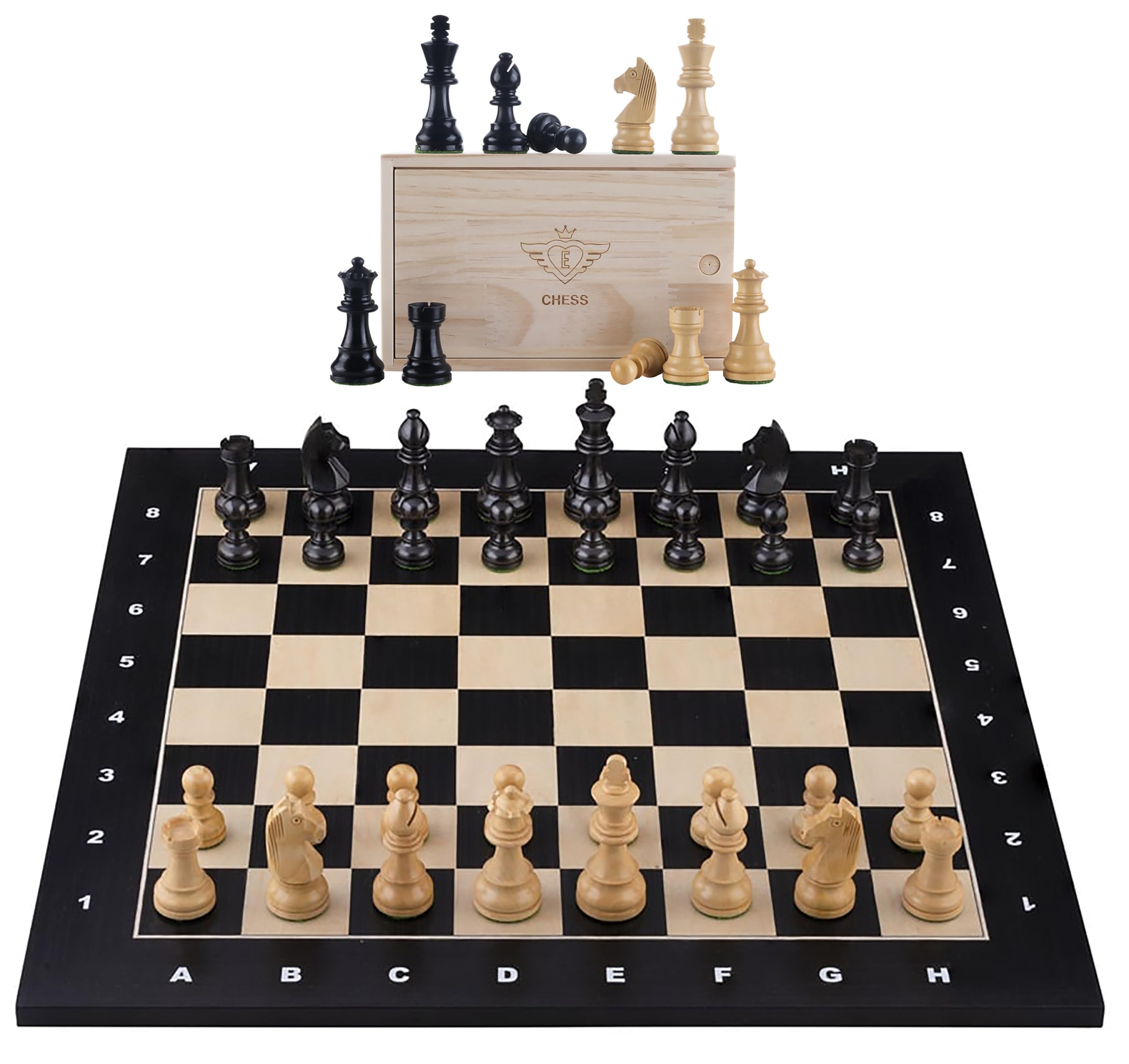 Engelhart - 170497 - Large Luxurious 50 cm Black Chess Set with Coordinates – Inlaid Maple Wood Board – Weighted Carved Pieces – Ages 6+ KING HEIGHT 82 MM