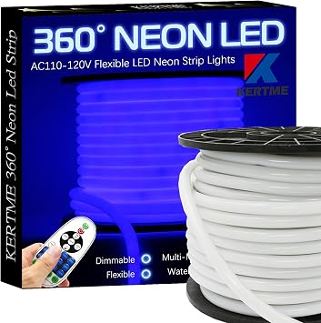 360 Neon Led Type AC 110-120V 360 Degree NEON LED Light Strip, Flexible/Waterproof/Dimmable/Multi-Modes LED Rope Light + Remote for Home/Garden/Building Decor (16.4ft/5m, Blue)