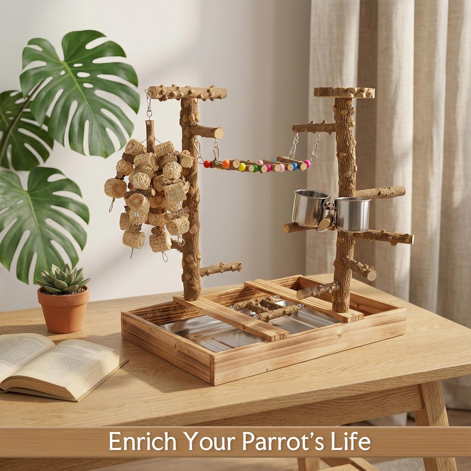 Natural Wood Bird Perch Stand, Multi-Layer Parrot Playground Gym with Feeding Cups and Toys, Real Branch Activity Center for Cockatiels, Parakeets, Conures, Budgies, Tabletop and Cage Top Use
