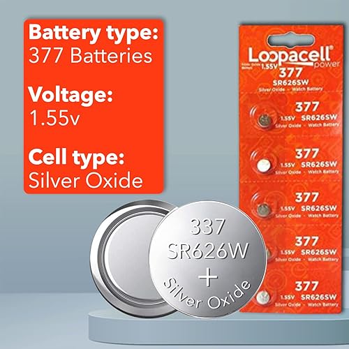 Miniatura 3 de LOOPACELL 377376  SR626W  SR626SW  Baterías de reloj de óxido plateado (paquete de 5)  Batería de celda de moneda de larga duración de 1.55 V para
