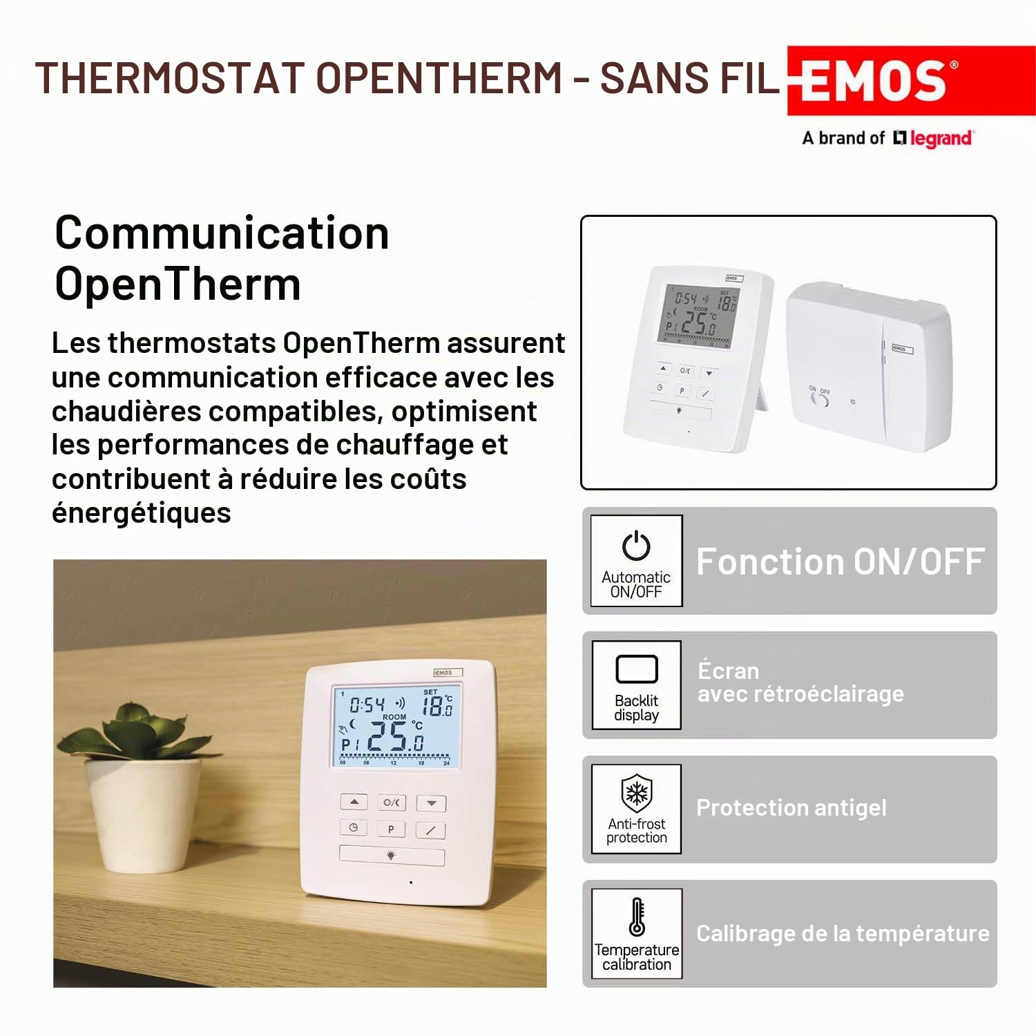 EMOS - Thermostat d'ambiance numérique avec OpenTherm - Programmable sans Fil - Systèmes de Chauffage et de Refroidissement - Réglage de la température 7-30 °C - Portée 100 m - Support Mural