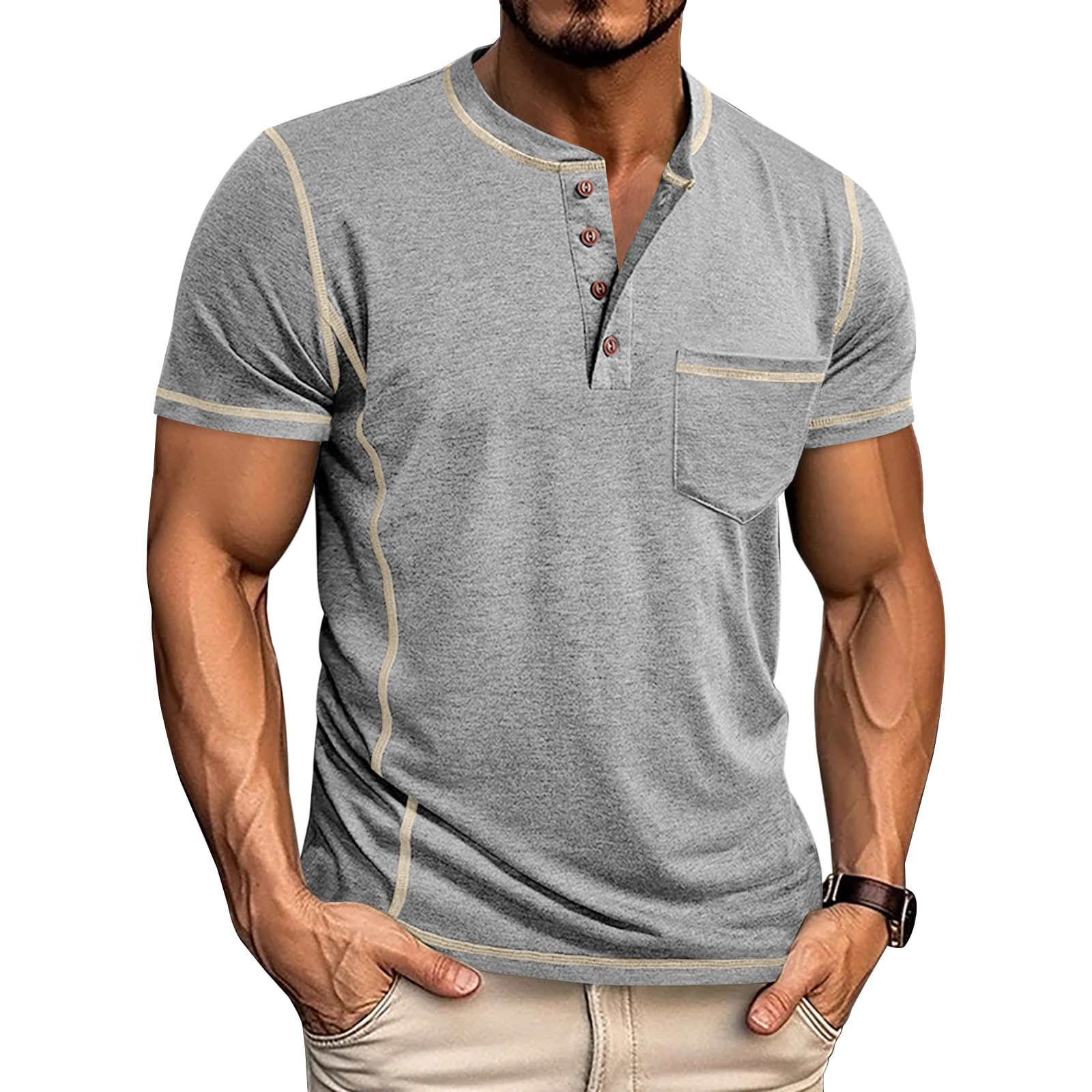 Angbater Men’s Henley Shirts Short Sleeve Casual Button Basic Tee Shirts Summer Lightweight T Shirts with Pocket