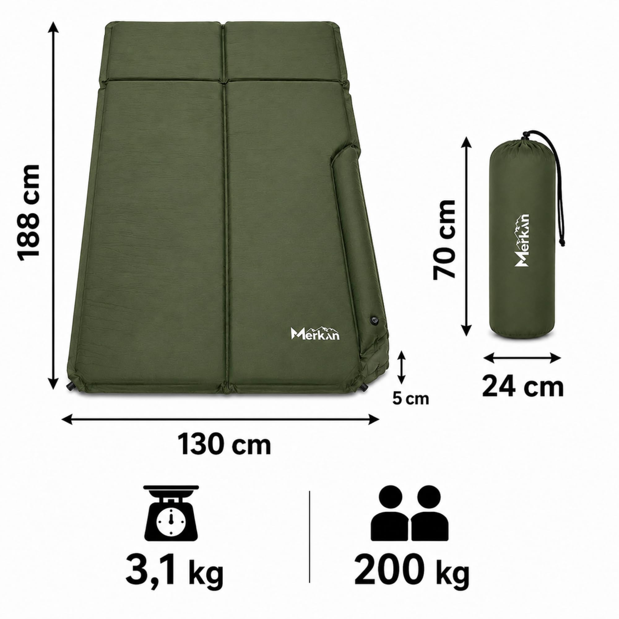 Dwuosobowa Mata Samopompująca 188x130x5 cm, Mata Turystyczna Kempingowa, Materac Samopompujący z Poduszką, Antypoślizgowa, Do Namiotu, Na Camping i Biwak