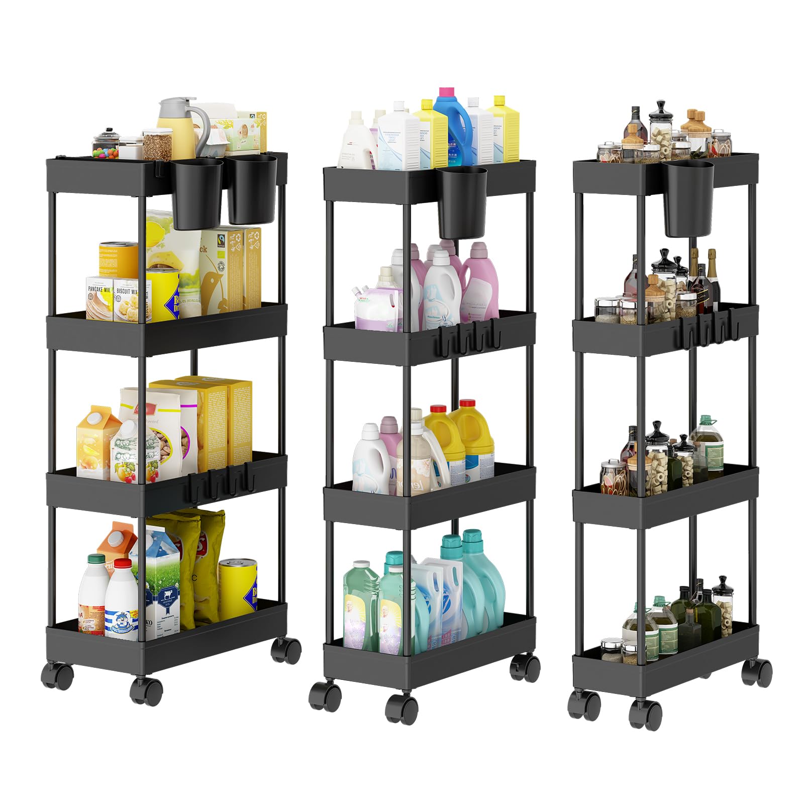 Ronlap Smalle opbergwagen, organizer met 4 niveaus, rolwagen op wielen, met mand, scheidingswanden, grijs