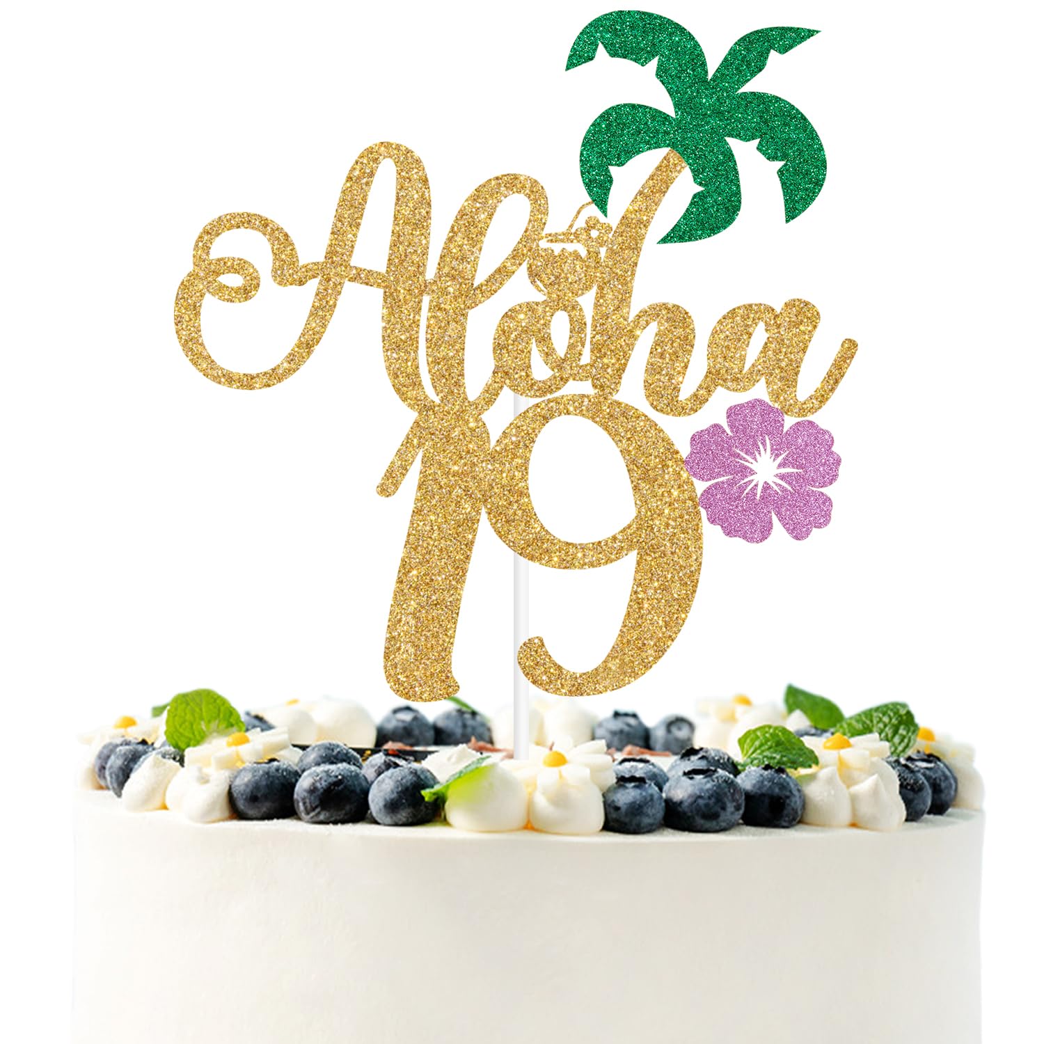 Gold Glitter Aloha 19 Cake Topper, Hello 19/Happy 19th Birthday, Summer Hawaiian Luau Tropical Pineapple Themed 19th Birthday Decorations