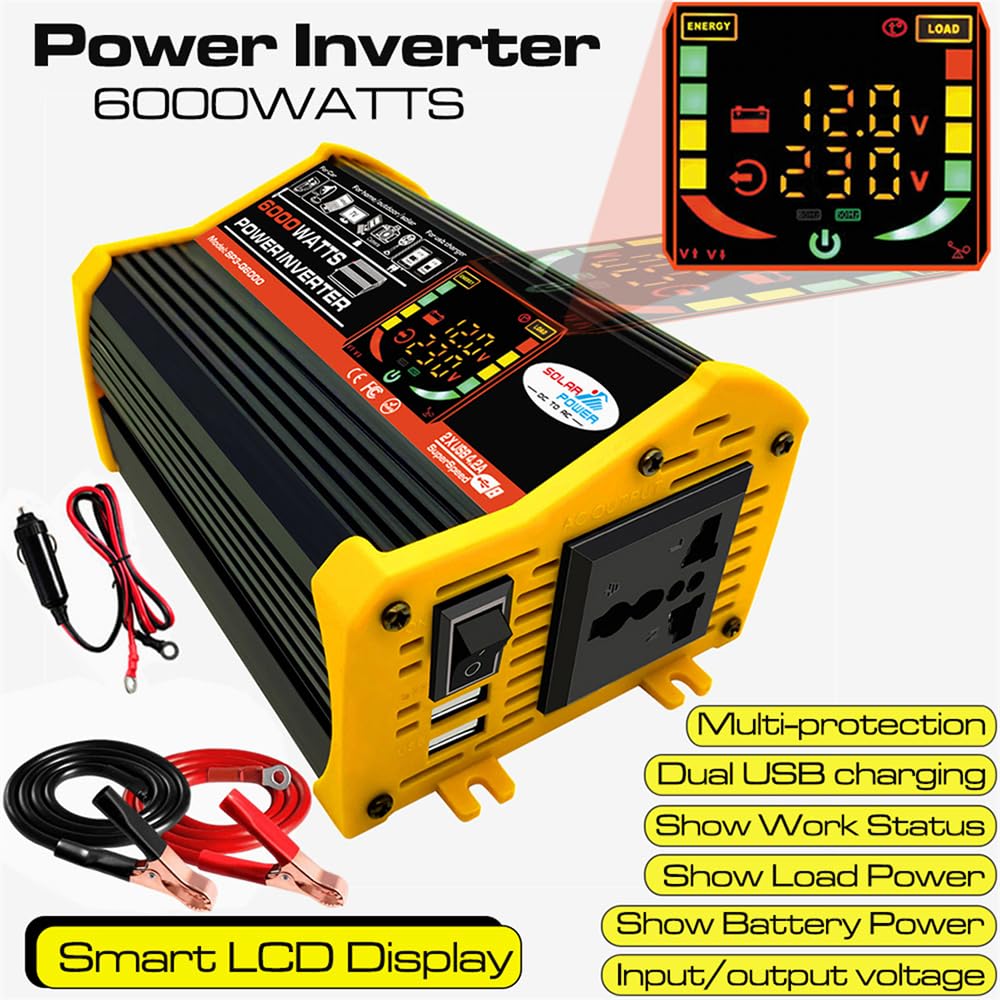 Panneau Solaire Double USB de 25 W + onduleur de Courant 6000 W DC 12 V à CA 110 V avec écran LCD Intelligent, Ports de Chargeur USB Doubles contrôleur