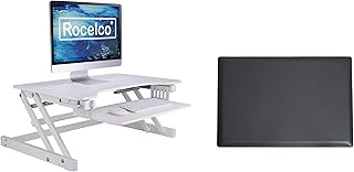 Rocelco 32" Height Adjustable Standing Desk Converter with Anti Fatigue Mat Bundle - Sit Stand Up Dual Monitor Riser - Computer Workstation - Large Retractable Keyboard Tray - White (R ADRW-MAFM)