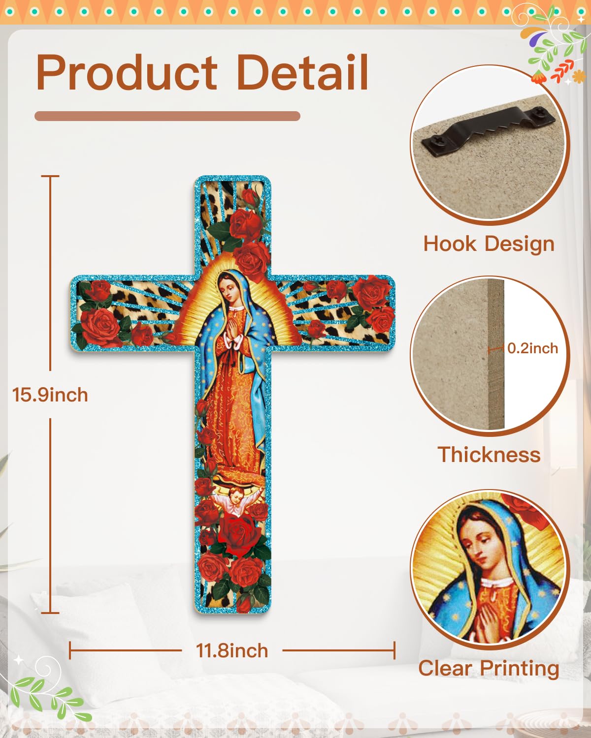 Putuo Decor Floral Cross Wall Decor Painted Decorative Wooden Inspirational Cross Spanish Style Wall Cross Decor Mexican Art Wall Decor Crucifix for Home Room Church Decoration