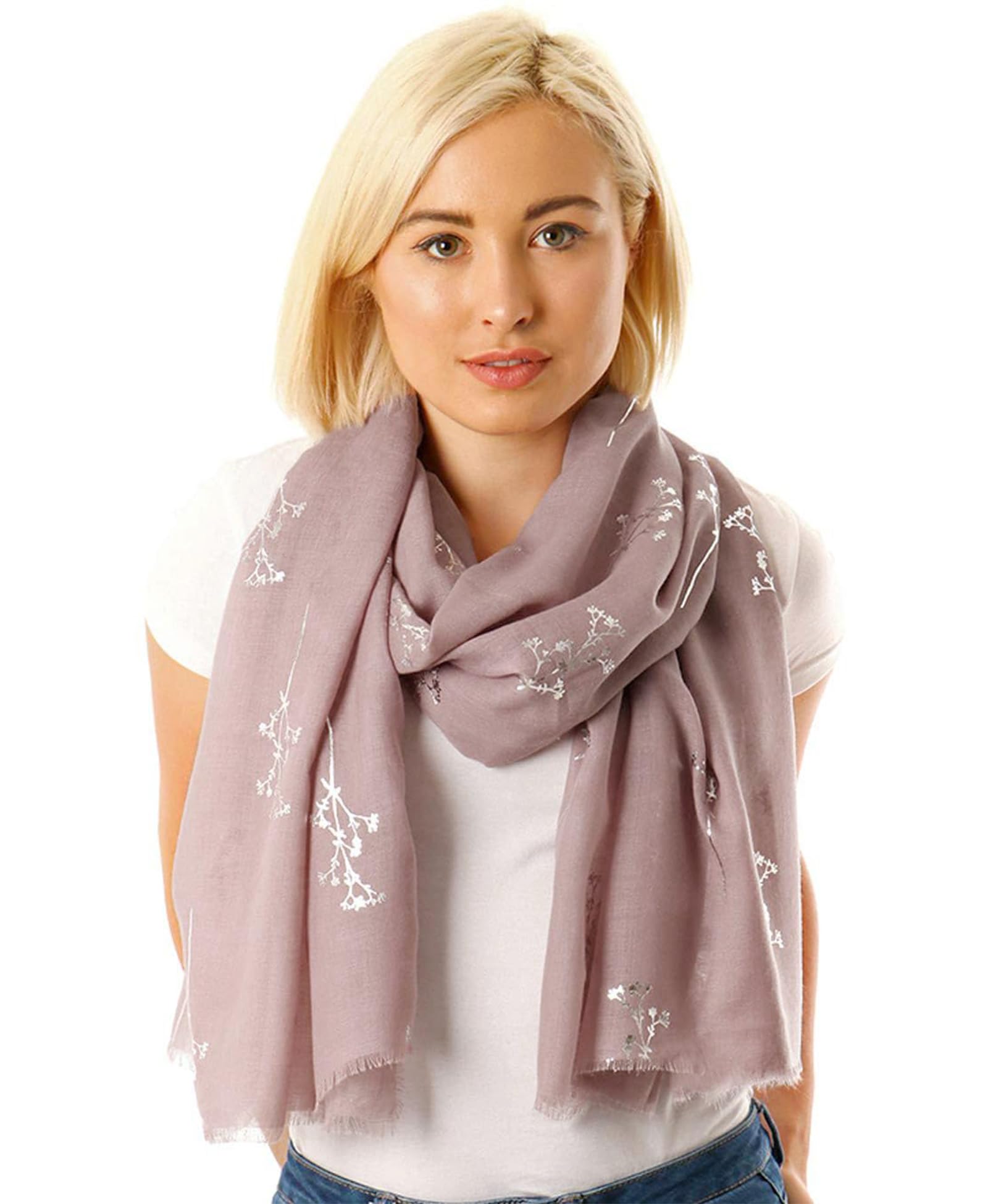 Style Slice Women's 2 A Dusty Pink Scarf With Silver Sprigs Lightweight Evening Wrap Or Scarf | Floral & Feather Scarves | Rose Gold Silver Foil | Scarfs Pashmina Shawls | Graduation | Bridal Wedding | Girlfriend Gifts
