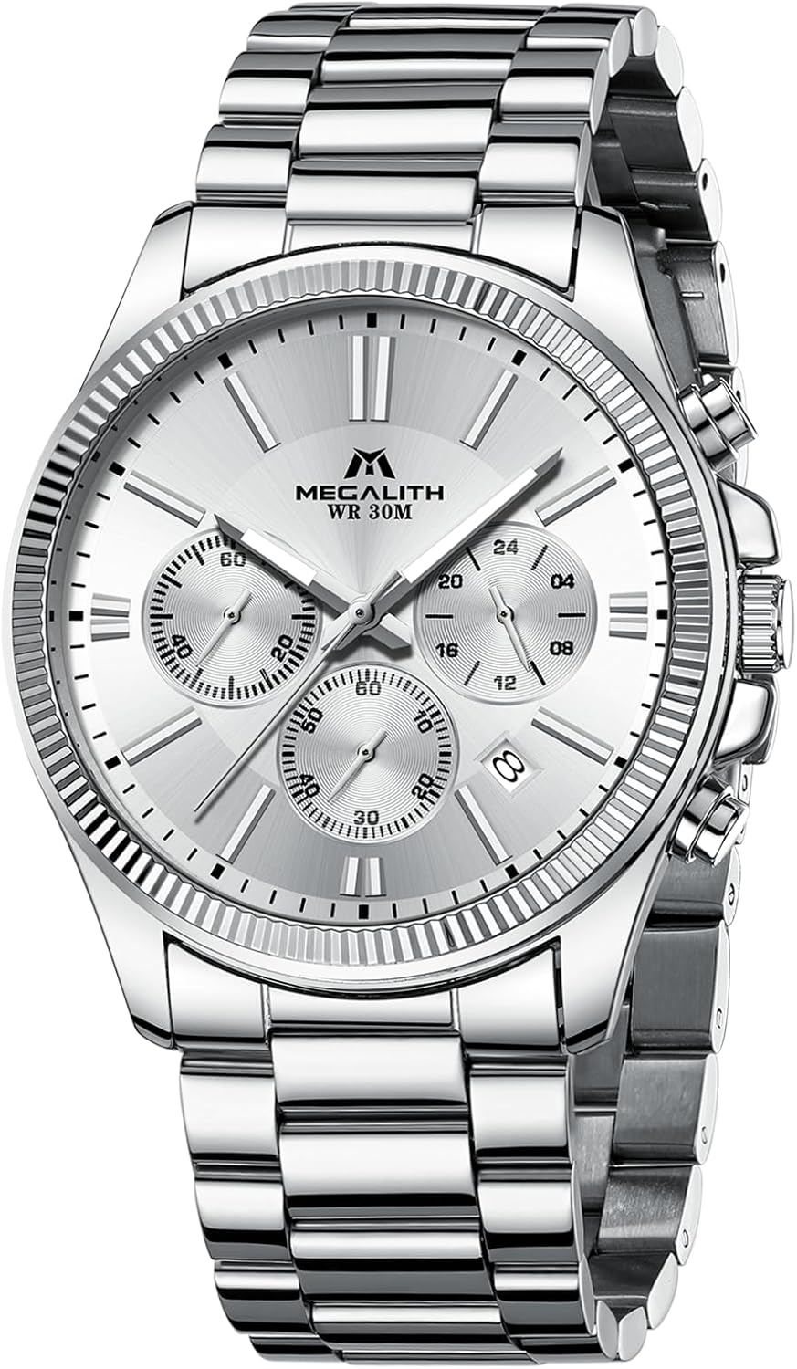 MEGALITH Silver Men’s Wrist Watches: Waterproof Chronograph