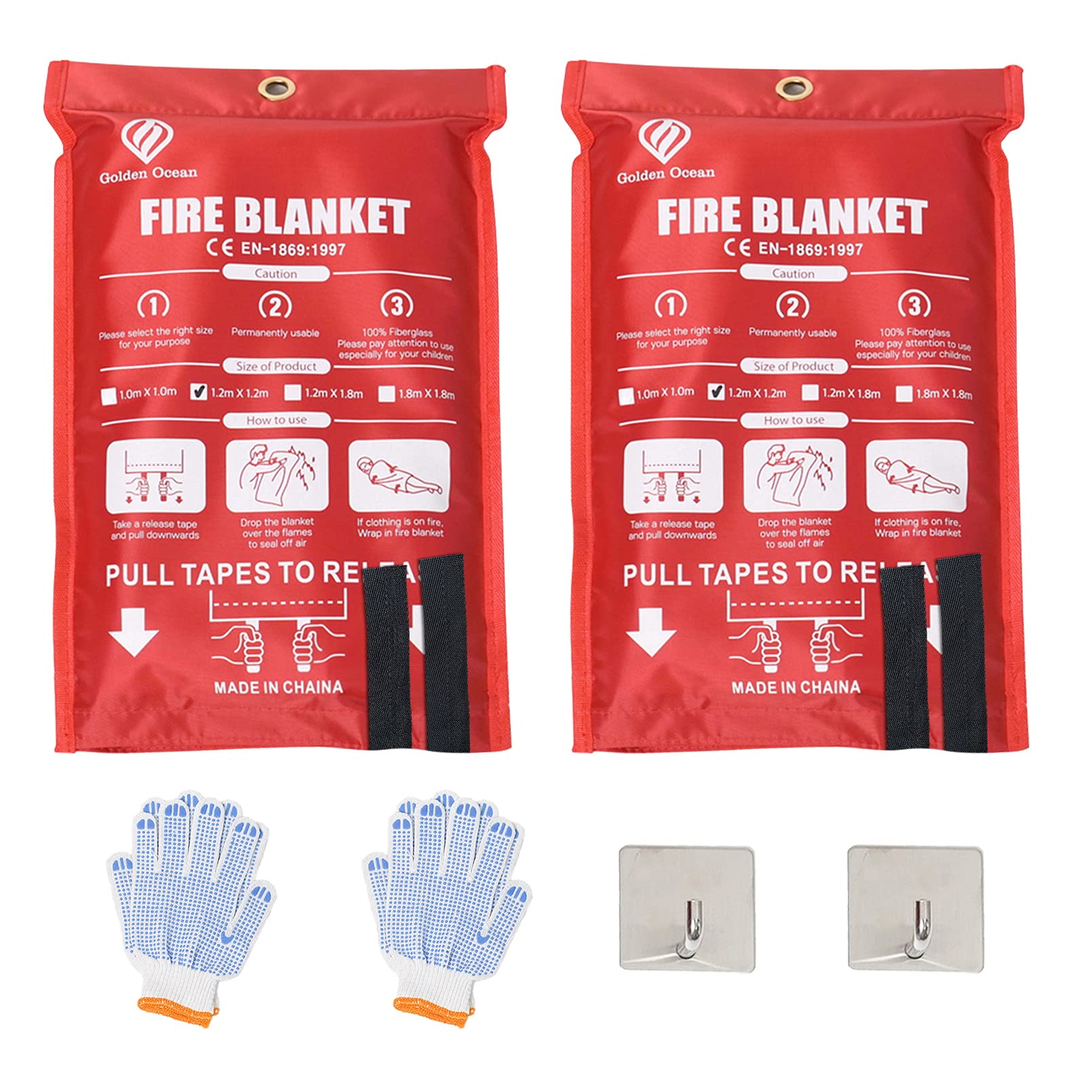 Golden Ocean Fire Blanket for Home, Fire Suppression Blanket (2PCS 47"x47" + 2 Hooks & 2 Gloves), Emergency Fire Blanket for Kitchen and People, Suppression Flame Retardent Safety Blanket