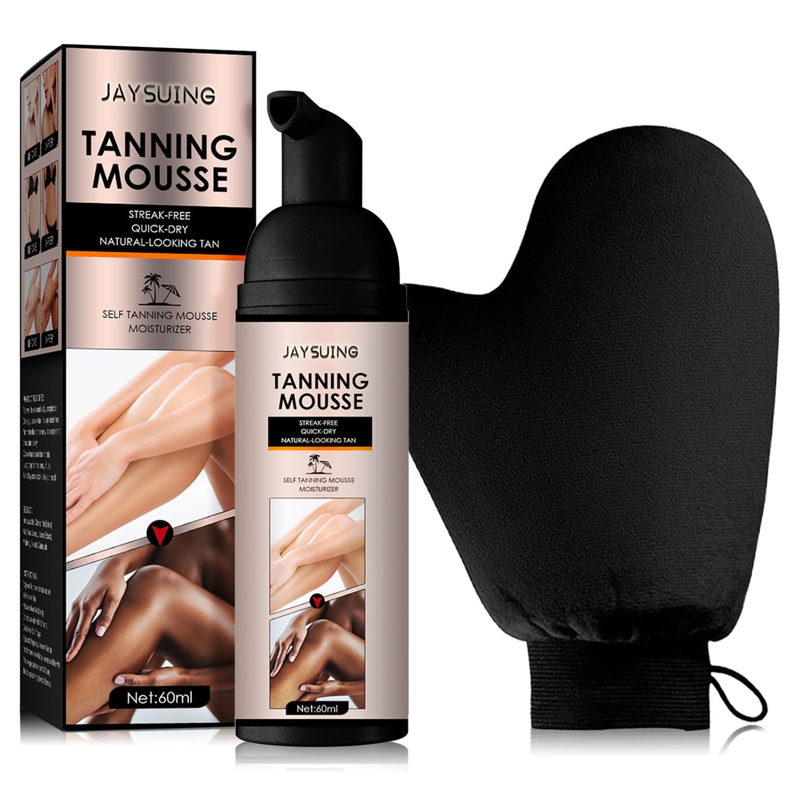 Autoabbronzante in Mousse (60ml), Autoabbronzante con applicatore a guanto per il corpo, Autoabbronzante Viso e Corpo, crema autoabbronzante viso, per un'abbronzatura rapida e naturale senza