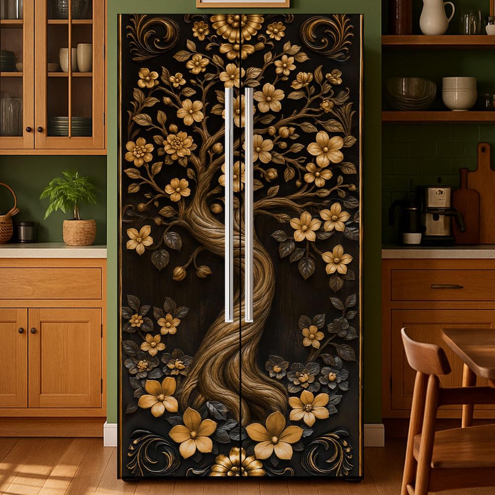GOMAKERER 2 Pcs Tree of Life Refrigerator Wraps, Self-Adhesive Refrigerator Wrap Set Removable Fridge Sticker Fridges Panel Cover Sticker for Kitchen Bar Decor, 41.5 x 200 cm