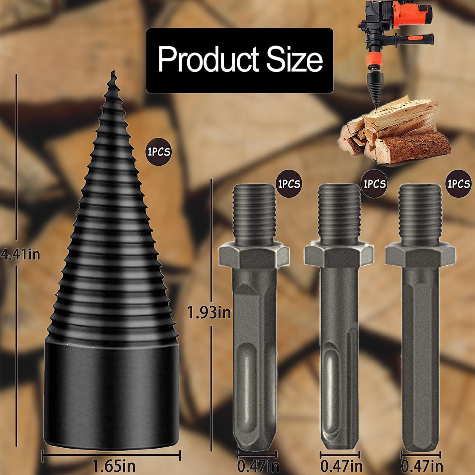 Set 4 Pezzi Punta Spaccalegna Per Trapano - Cono In Acciaio Per Legna Da Ardere, Con Manici - Foto 10