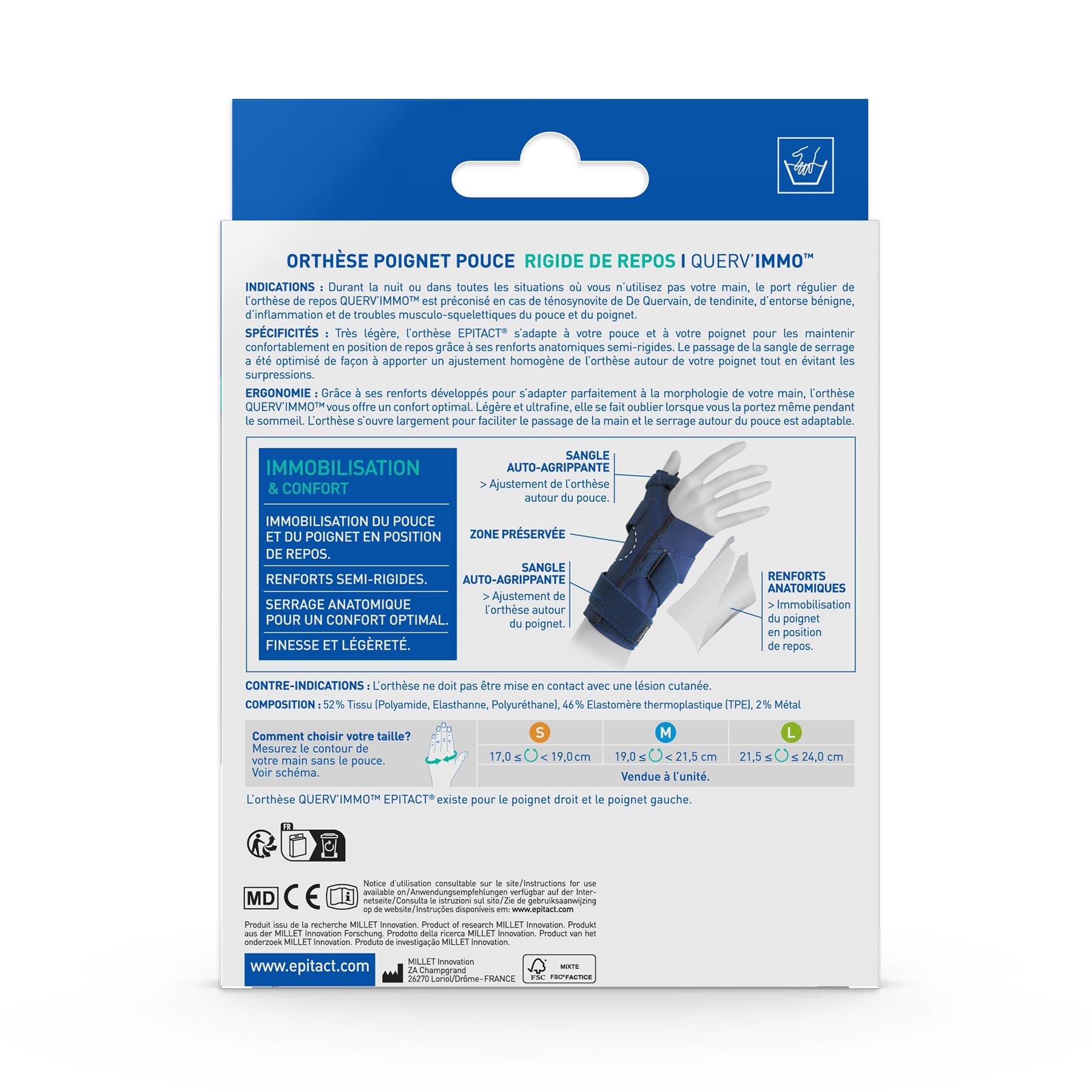 Epitact | Férula de puño Querv'Immo | Tendinitis del Pulgar, Tenosinovitis de Quervain | Alivia el Dolor de Noche o en Descanso | Comodidad Óptima | Innovación Francesa (M, Izquierda)