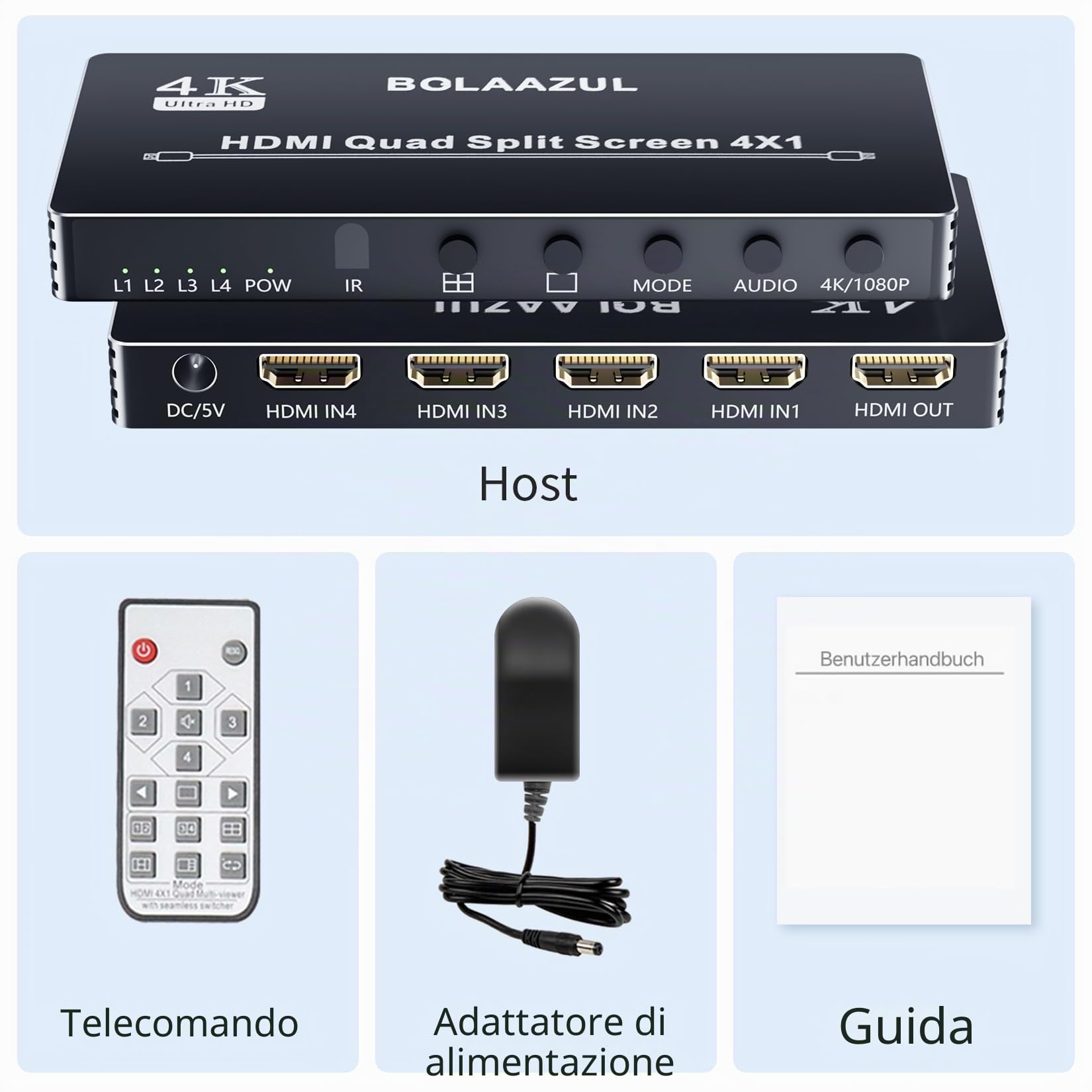 BolAAzuL 4X1 HDMI Multiviewer Switch Box 4K 30Hz, Quad Screen Splitter/Multi Viewer Con Switch Senza Cuciture per PS4 DVD Camera PC TV Monitor