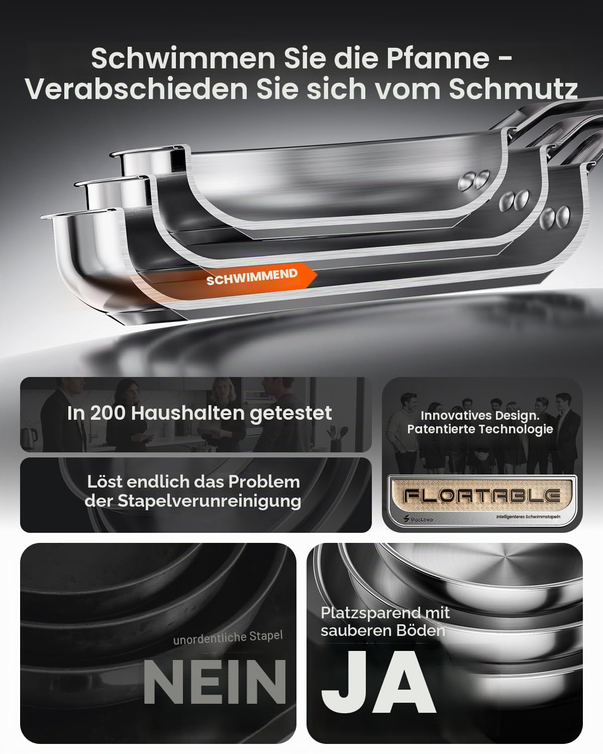 Pfannenset Edelstahl, 4-teilig 20,5/24,5/28,5 cm, Induktion, unbeschichtet