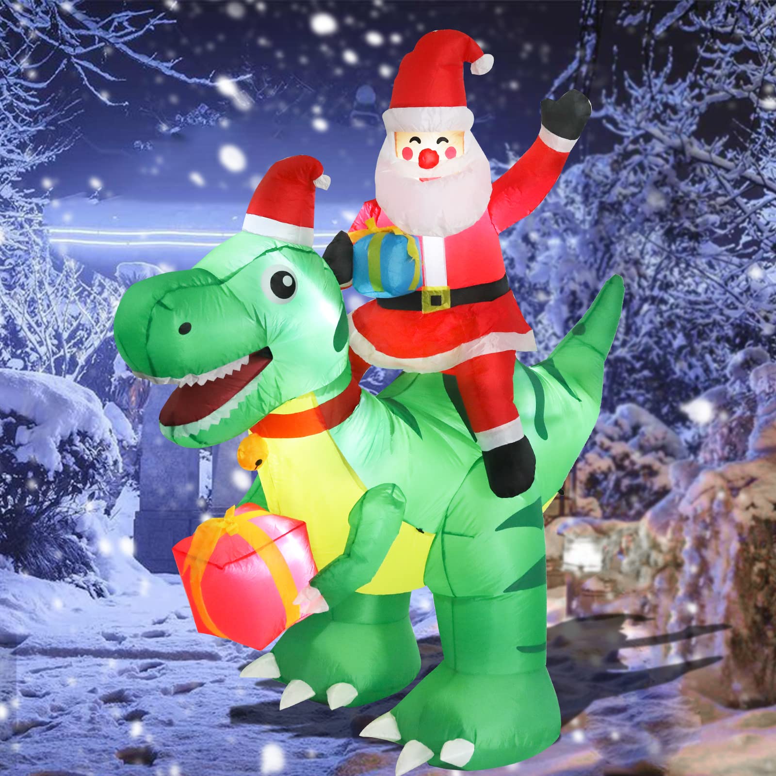 Dinosaurio inflable de Navidad de 6.5 pies de altura, decoraciones inflables de Papá Noel montando en dinosaurio, decoraciones de patio con luces LED integradas para Navidad, fiestas, césped,