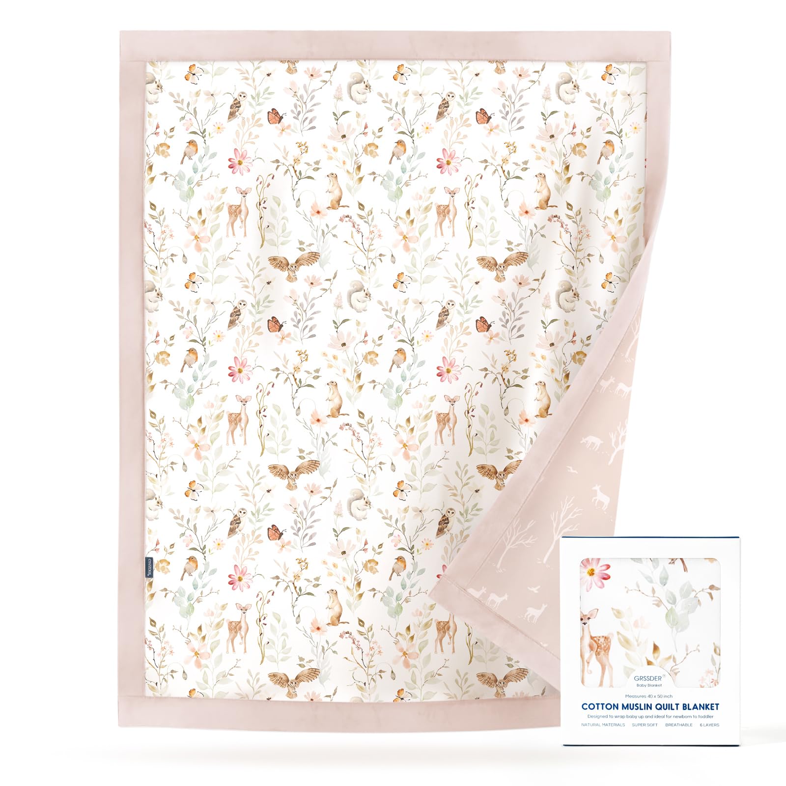 GRSSDER Muslin Cotton Quilt Blanket - Silky Soft and Breathable Baby Blanket Quilt, Oversized Muslin Blankets for Newborns, Toddlers &amp; Kids, 6 Layers Reversible Design for All Seasons, 40" x 50"