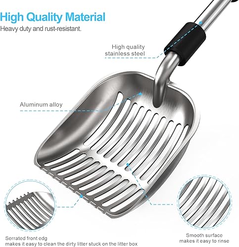 Miniatura 5 de Depets Cuchara de arena para gatos, pala de arena de metal con pala profunda, tamiz de arena para gatos desmontable de mango largo con soporte, pala