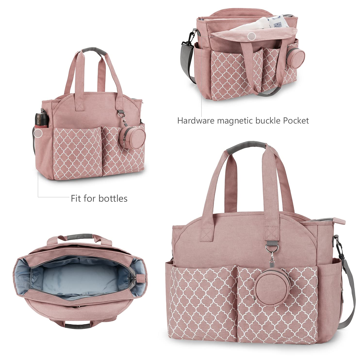 Lmbabter Borsa per pannolini con fasciatoio multifunzione con tracolla regolabile, Rosa, One Size