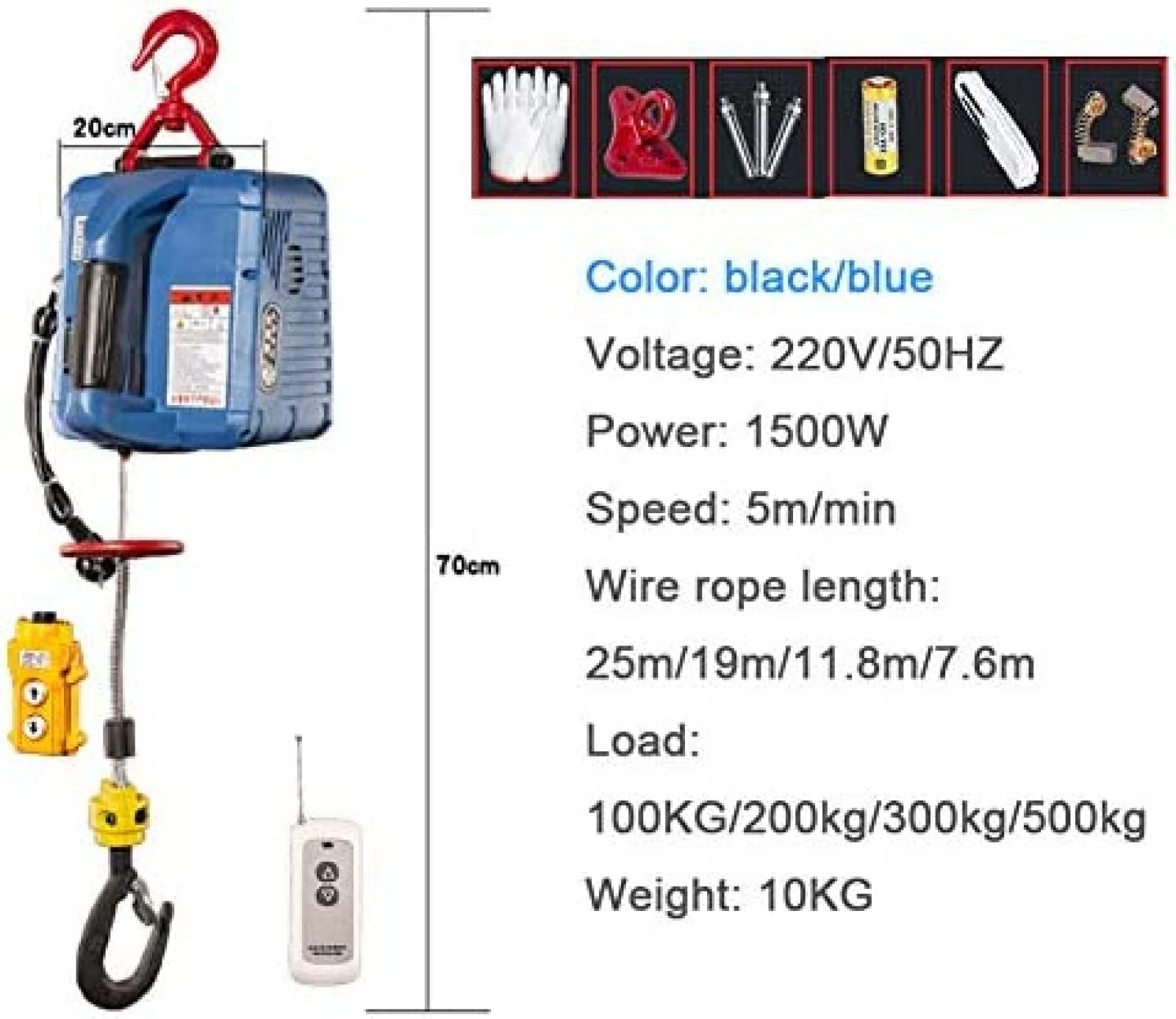 Verricello elettrico portatile con telecomando wireless, blocco di trazione manuale, sollevamento a fune in acciaio, capacità 100-500 kg, ideale per sollevamento pesante