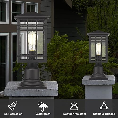 Miniatura 4 de Lámpara de poste para exteriores, farol de poste exterior con vidrio sembrado en acabado negro, luz de pilar ideal para patio, camino y entrada de