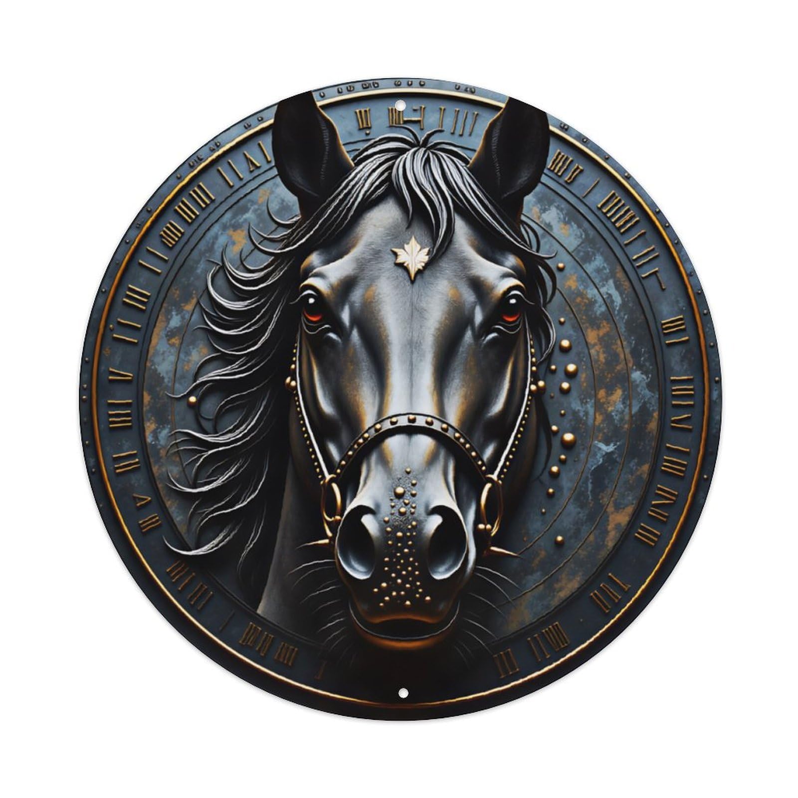Dark Horse Gothic Style Round Wall Art Vintage Aluminium Metal Sign, Retro Wall Decor for Home, Bar, Garage & Farmhouse 20x20cm