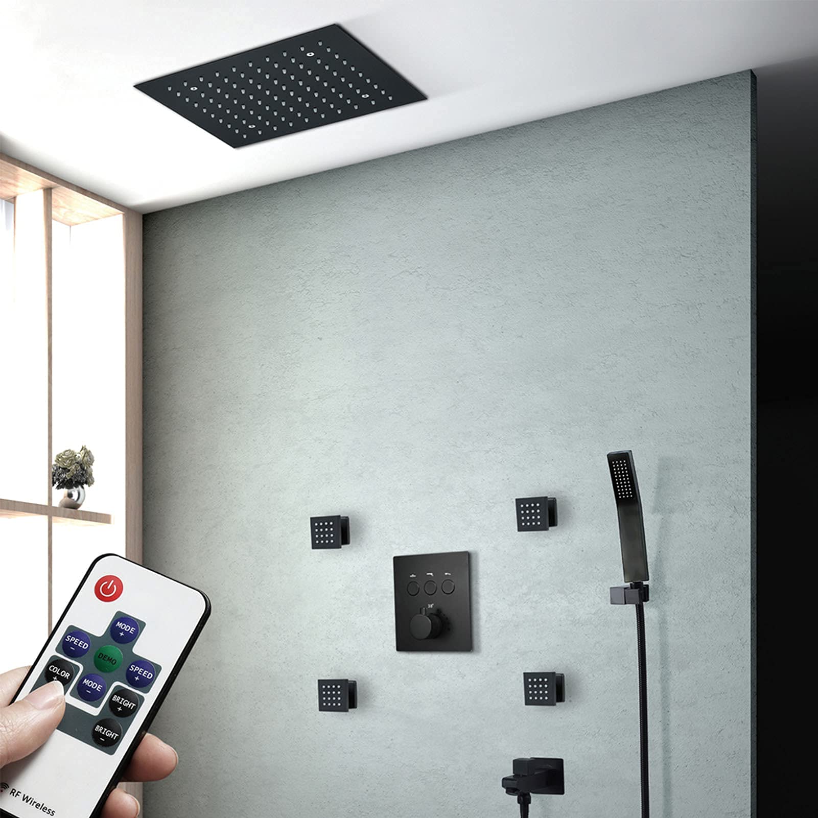 AYCDL Thermostatic Shower System with Tub Spout, 300 * 300 Ceiling Mount Led Rainfall Shower Head with Hand Shower, Rain Mixer Shower Set Matte Black