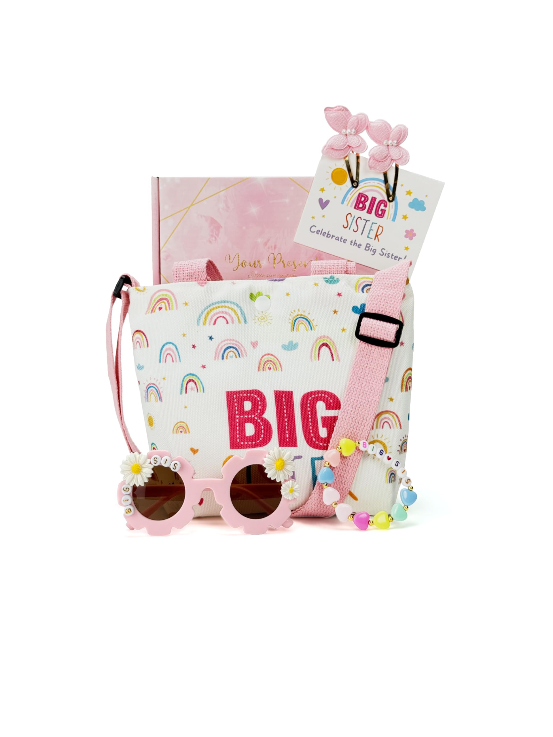 Big Sister Gift Set for Girls - Canvas Tote Bag, Bracelet, Sunglasses, Butterfly Hair Clips - Road Trip & Family Travel Essentials - Sibling Announcement - 6PCS