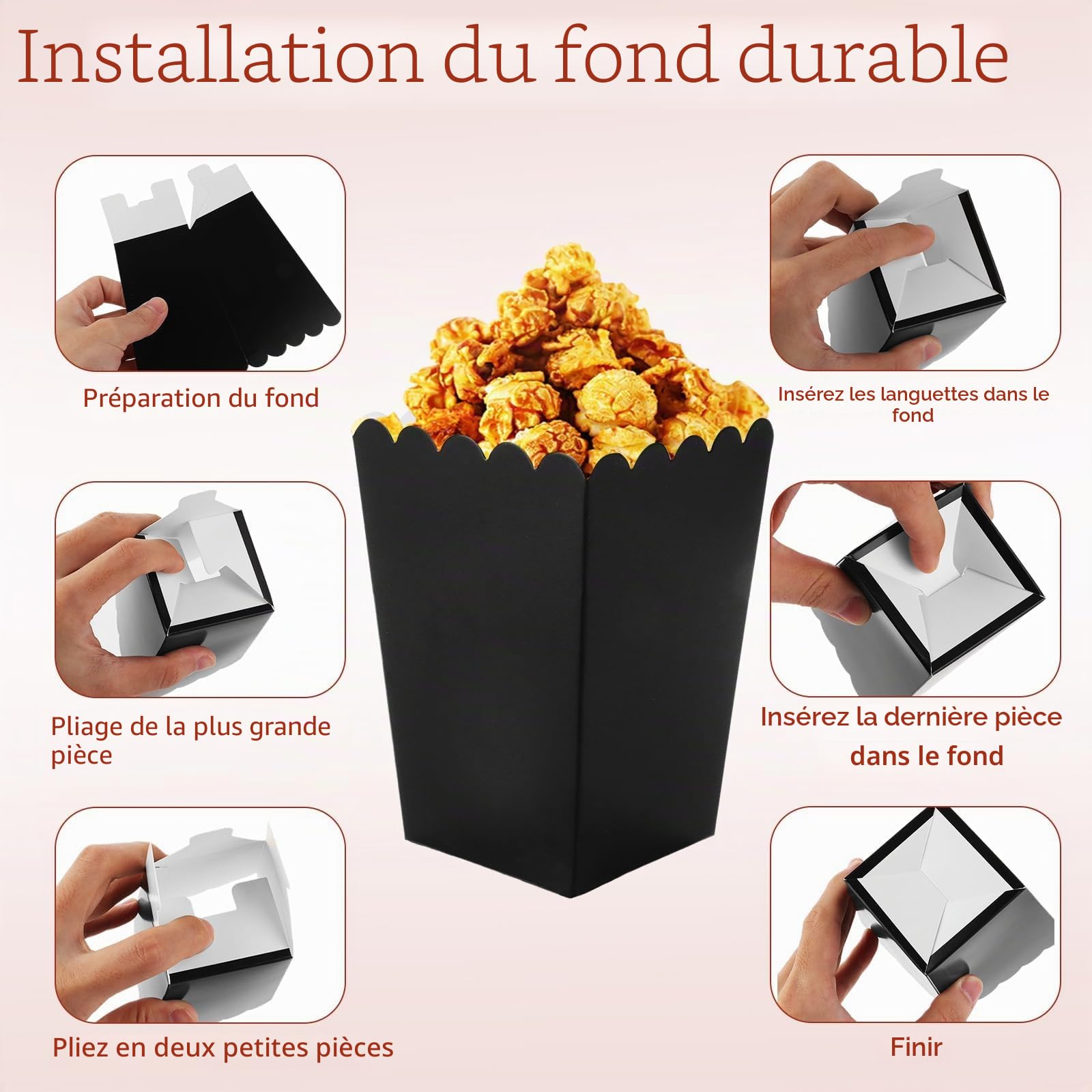 YAYODS Lot de 100 Gobelet Popcorn Noir 10,7x7,5x5,5 cm - Boîte Popcorn en Carton Alimentaire - Sachet Popcorn Individuel Pliable pour Snack, Soirée Cinéma, Anniversaire et Fête