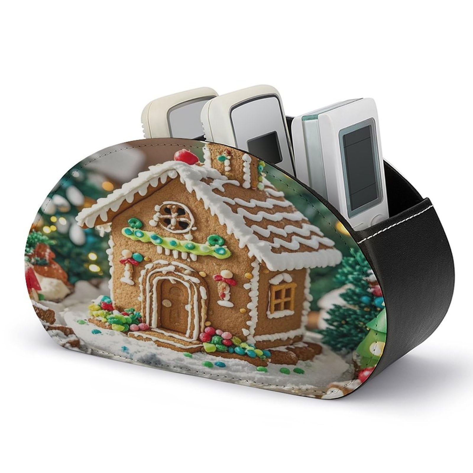 FekiLoot Gingerbread House PU Leather Remote Control Stand with 5 Compartments Storage Tray and Desk Organizer for TV, Remotes and Pens