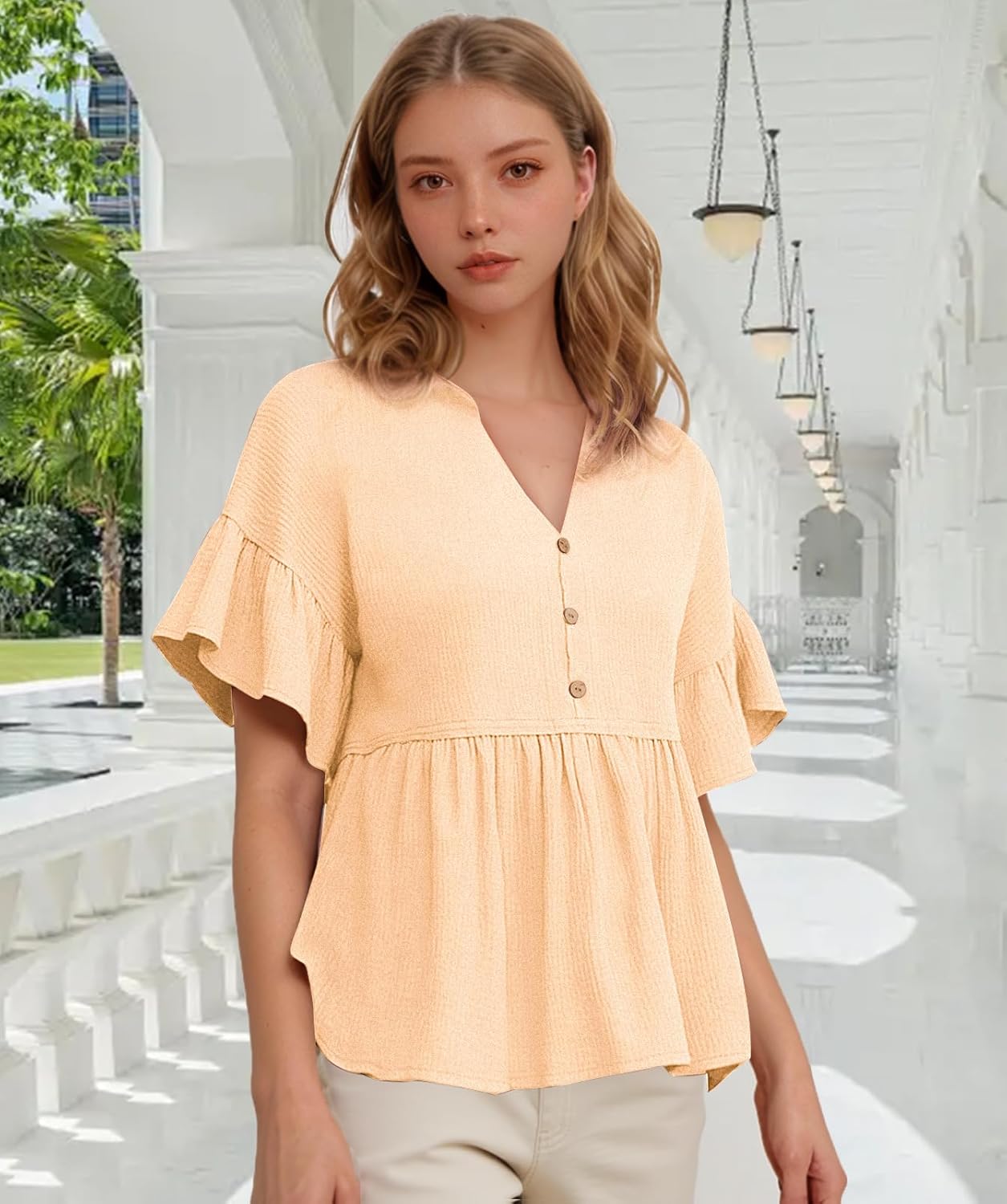 Jenbou V Neck T Shirts for Women Button Down Short Sleeve Tops Ruffle Tiered Loose Fit Peplum Tops - Image 3
