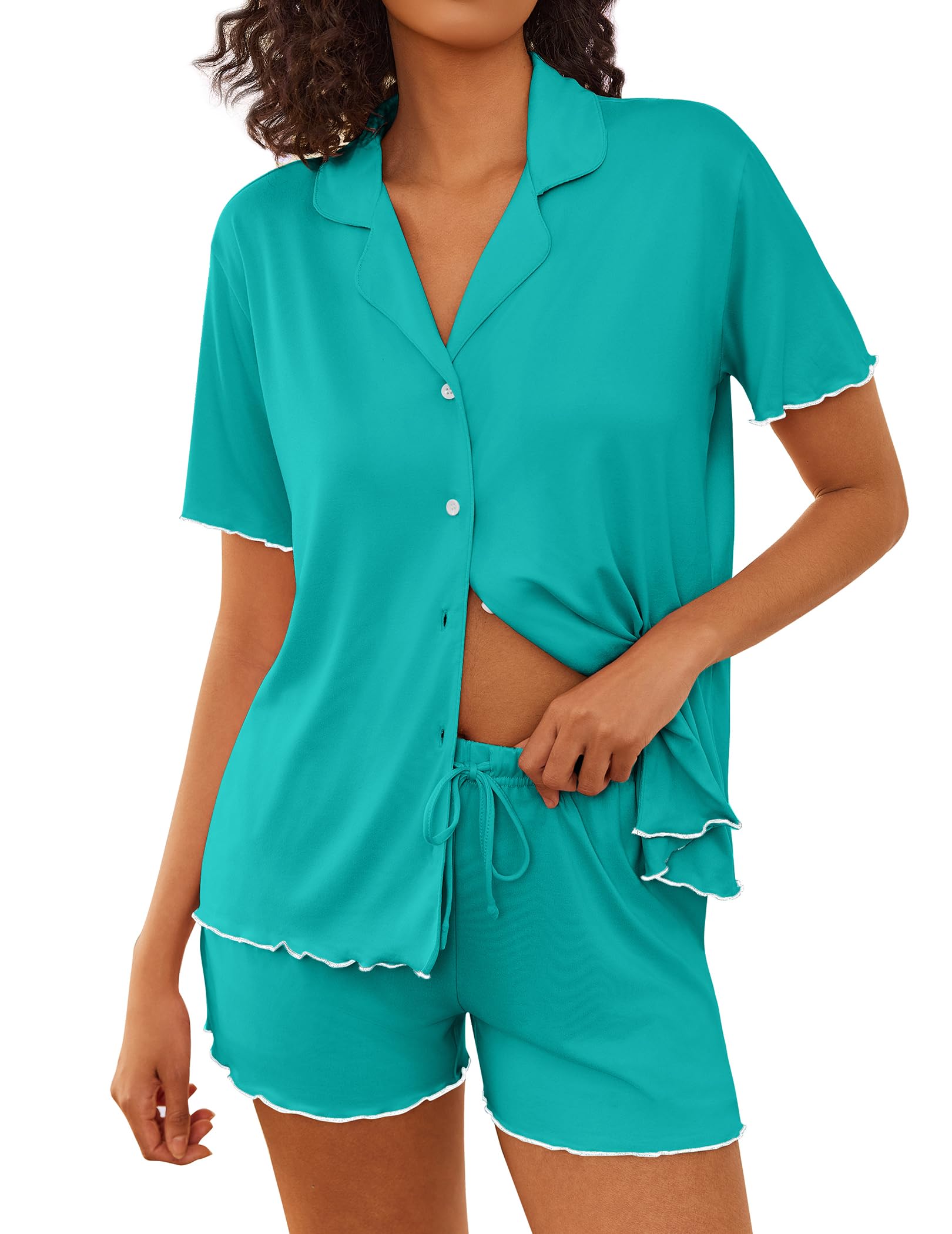 Ekouaer Womens Pajama Sets Button Up Bride Pjs Set 2 Piece Soft Sleepwear Short Sleeve Lounge Sets with