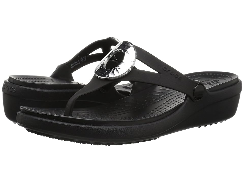 

Crocs Sanrah Hammered Metallic Wedge Flip (Black/Black) Women's Wedge Shoes