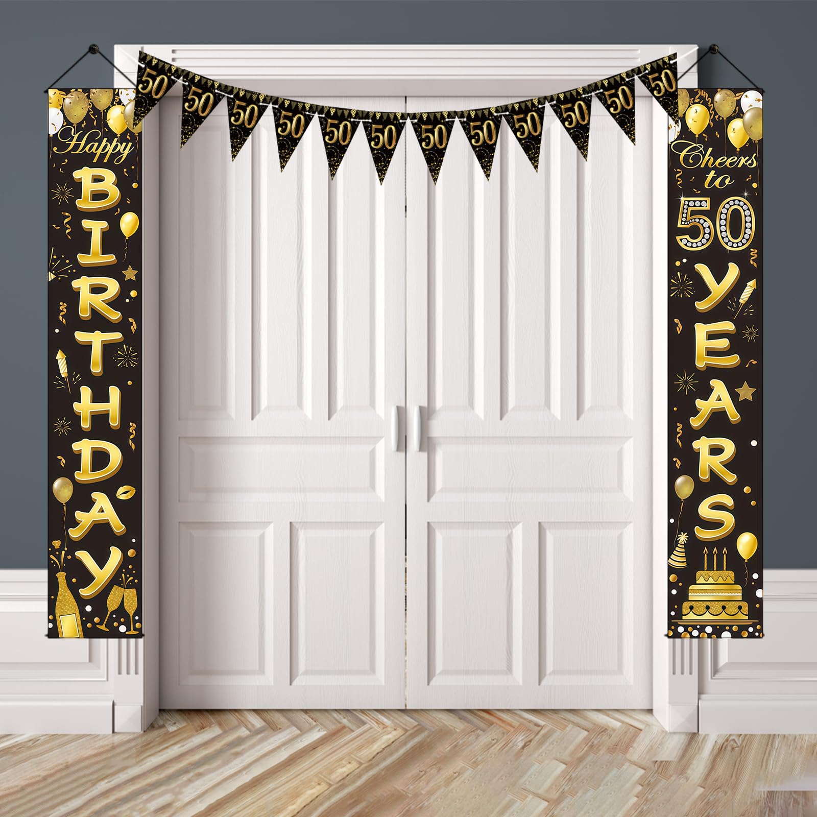 Yuaerbuo Geburtstagsbanner 50 Jahre, Geburtstagsdeko Schwarz Gold,Happy Birthday Banner, Deko 50. Geburtstag Mann und Frau, 50 Geburtstag Deko für Drinnen und Draußen(180 x 30cm)