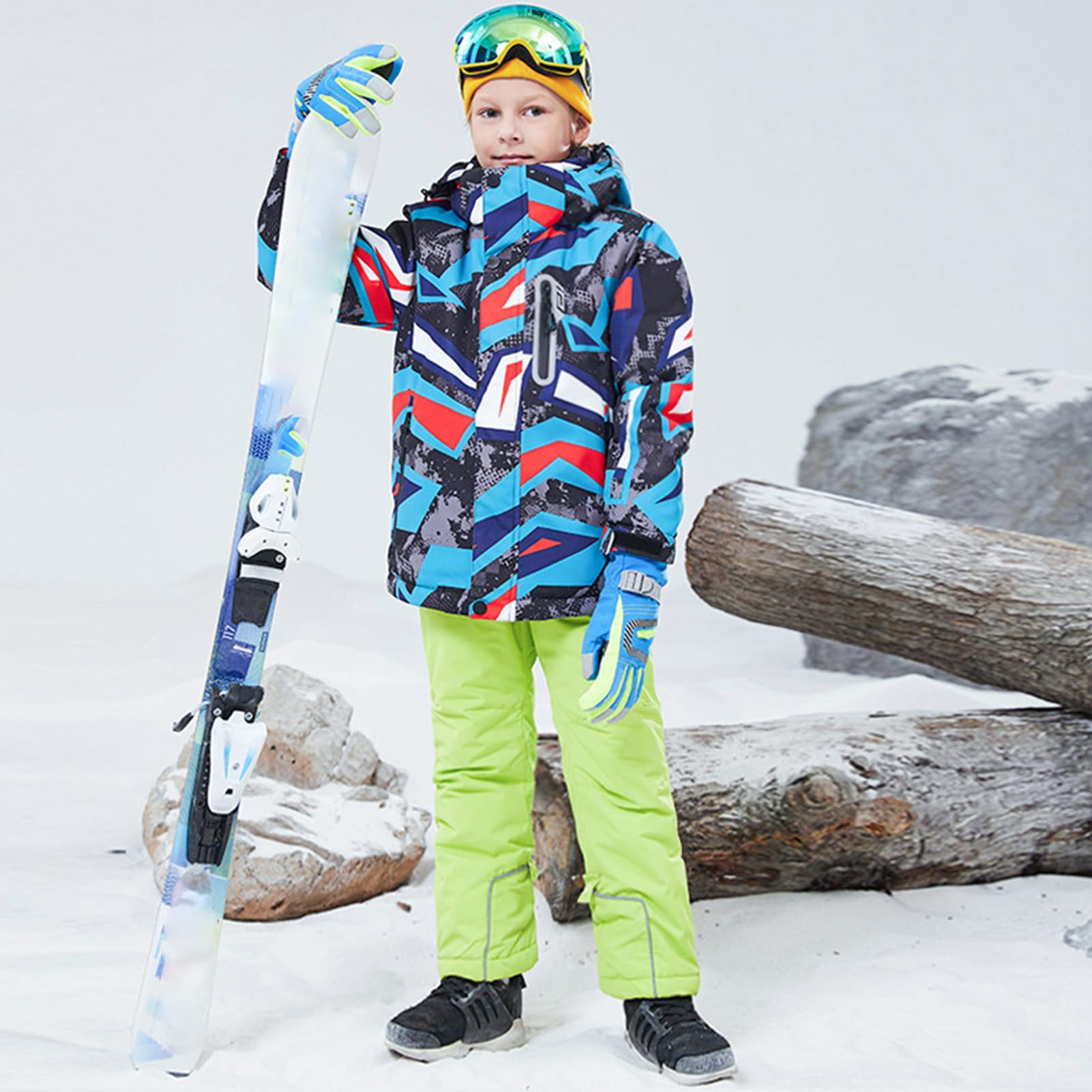 Conjunto de traje de esquí infantil de 2 piezas con capucha, impermeable, resistente al viento, traje de nieve para niños y niñas, chaqueta de esquí cálida y pantalones de esquí, geométricos