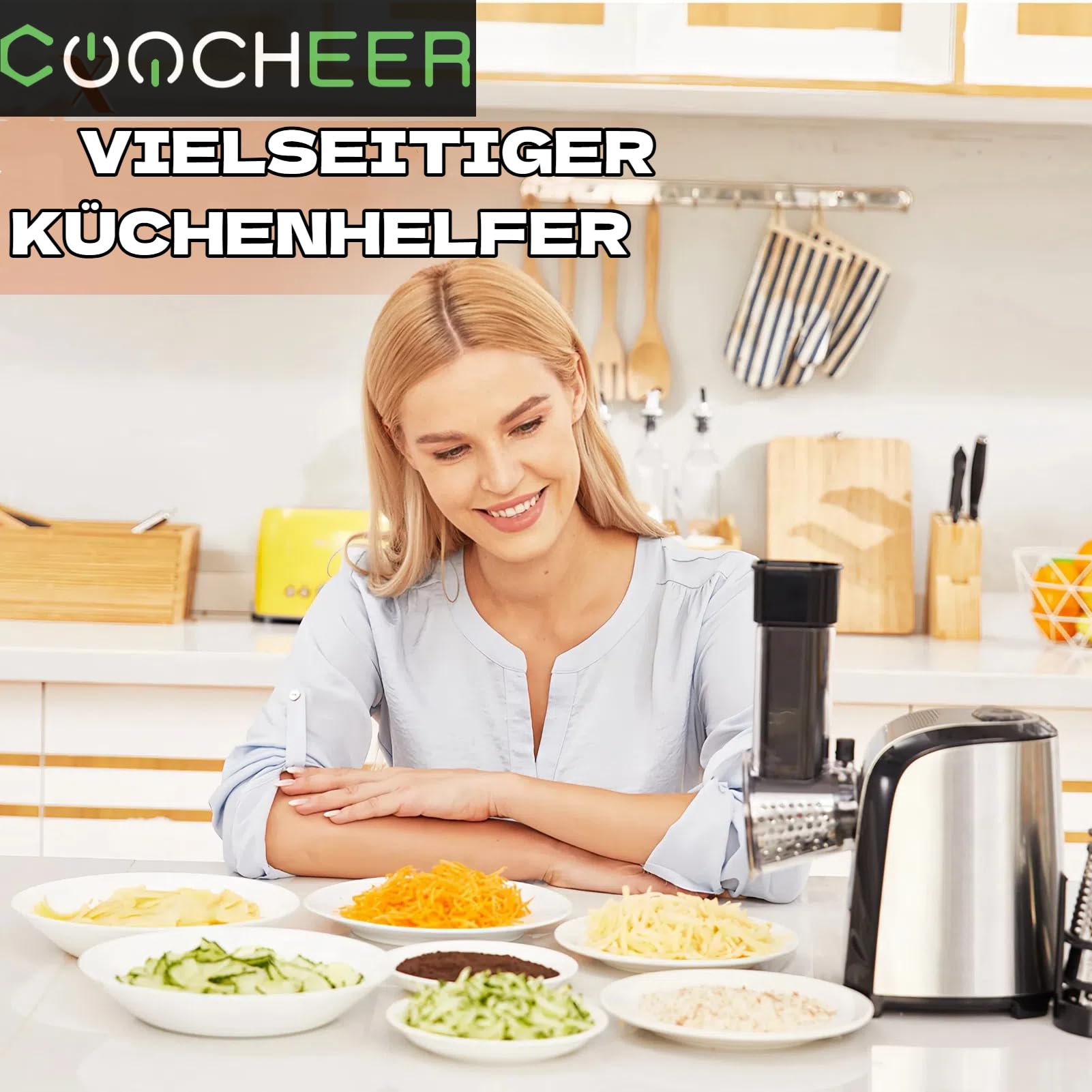COOCHEER Cortador eléctrico de verduras | Rallador profesional de 150 W 5 en 1 con tambores de corte para verduras, queso, nueces, hogar y preparación de ensaladas, apto para lavavajillas