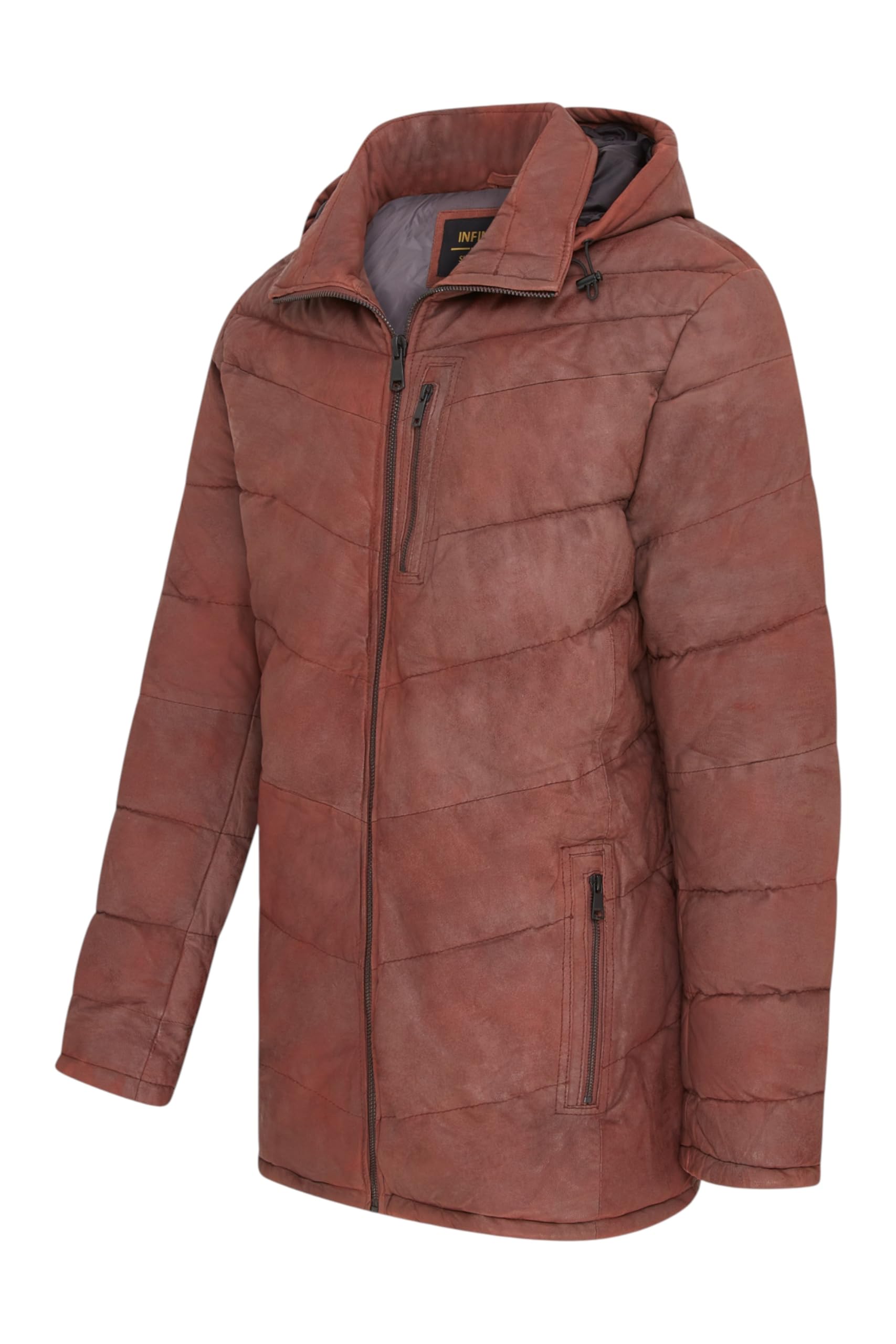 Infinity Leather Piumino da Uomo in Vera Pelle di Agnello con Cappuccio – Cappotto Invernale Trapuntato a Zig Zag Caldo Capospalla in Pelle Isolante con Cappuccio Rimovibile e 6 Tasche