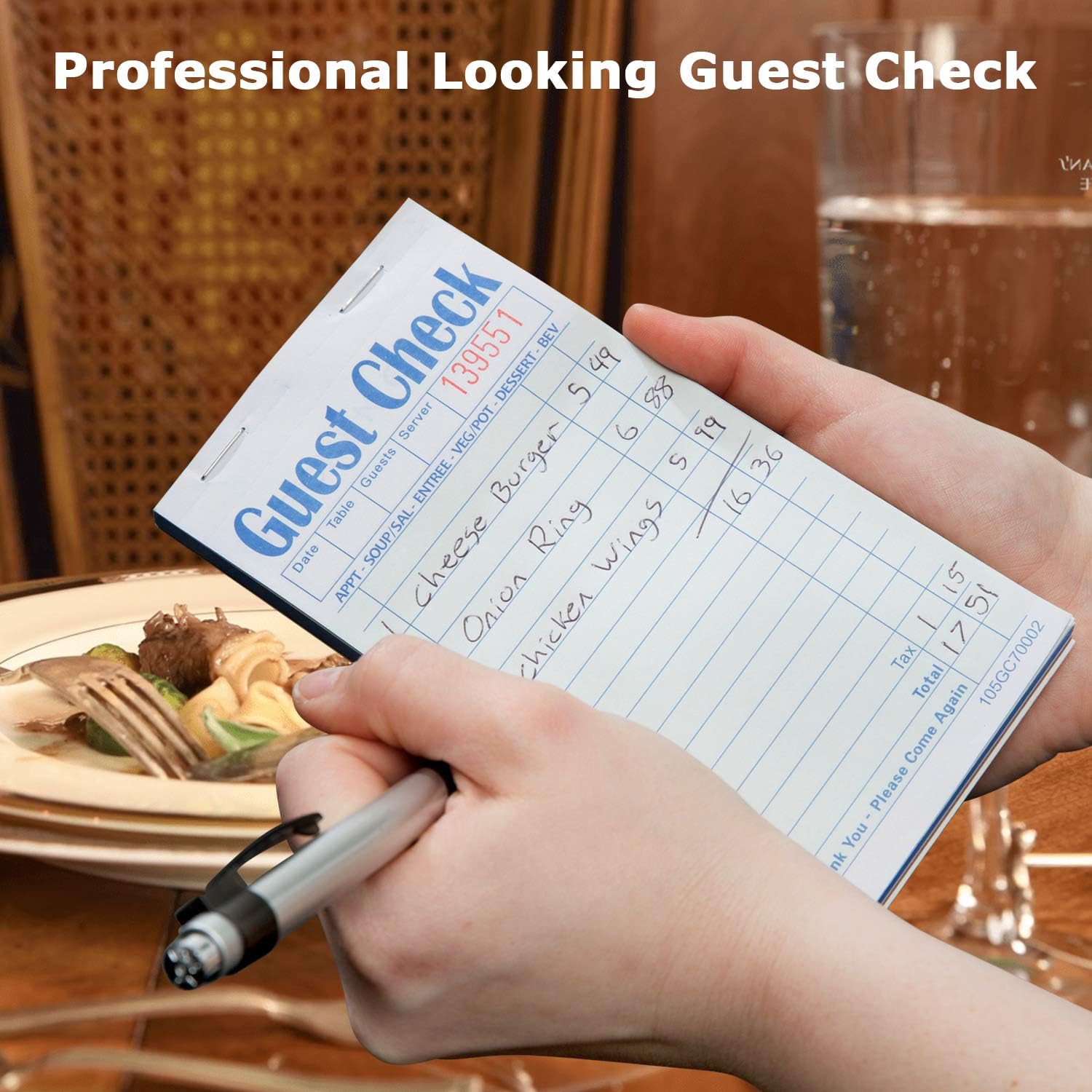 [10 Pads, 50 Sheets/Pad] Double Part Guest Check Pads for Restaurants, Perforated 2 Part Green and White Carbonless Check Book for Bars, Cafes and Restaurant Orders