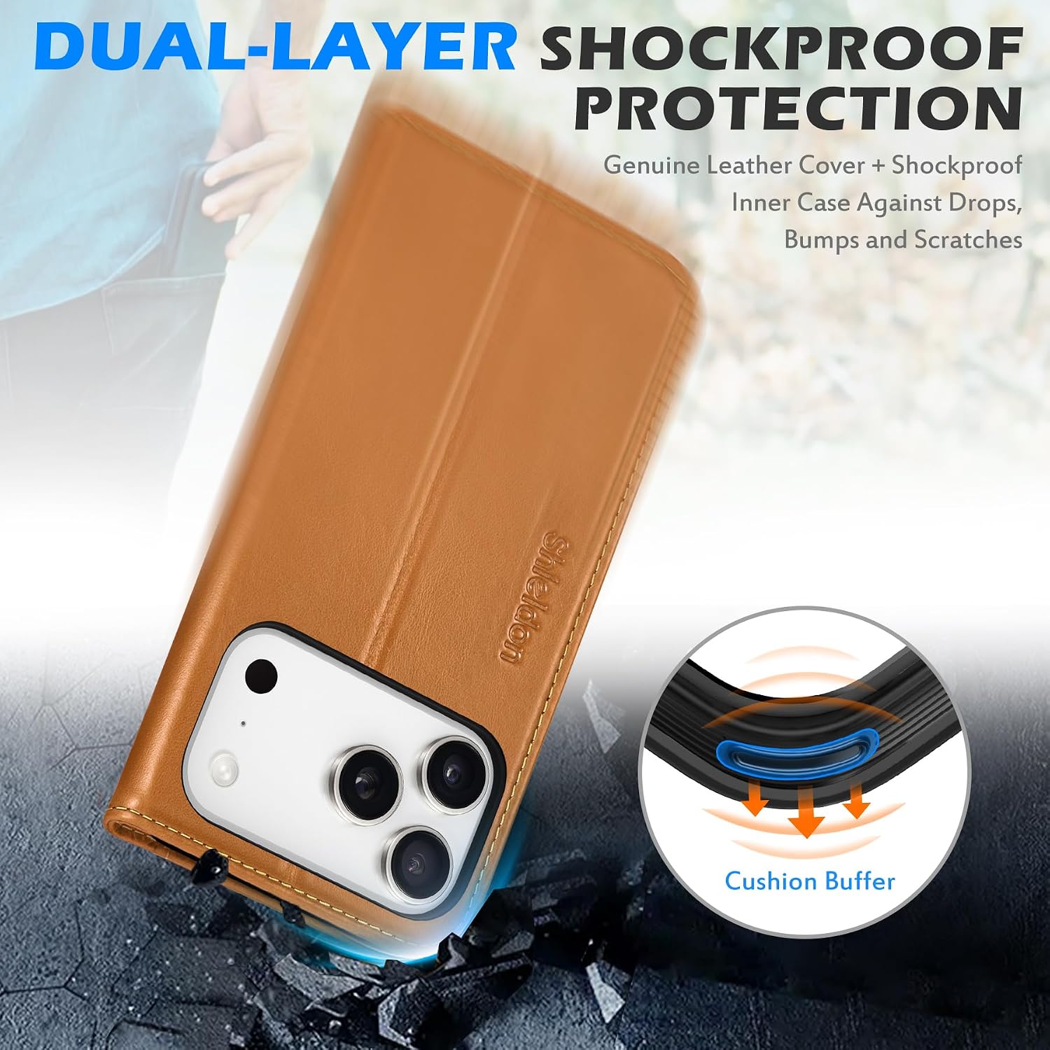 SHIELDON Genuine Leather Wallet Case for iPhone 17 Pro Max 6.9-inch 2025 | RFID Blocking Card Holder, Folio Magnetic Cover, Kickstand, Shockproof Case for Women Men - Retro Light Brown