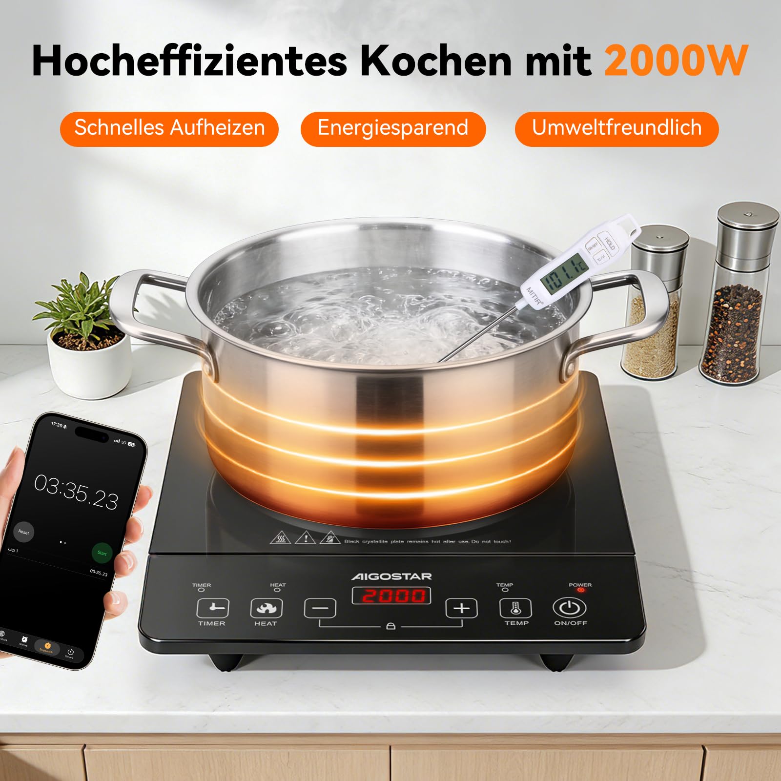 Aigostar Induktionskochfeld 1 Platte, 2000W, 10 Stufen, Timer, Kindersicherung, Tragbar