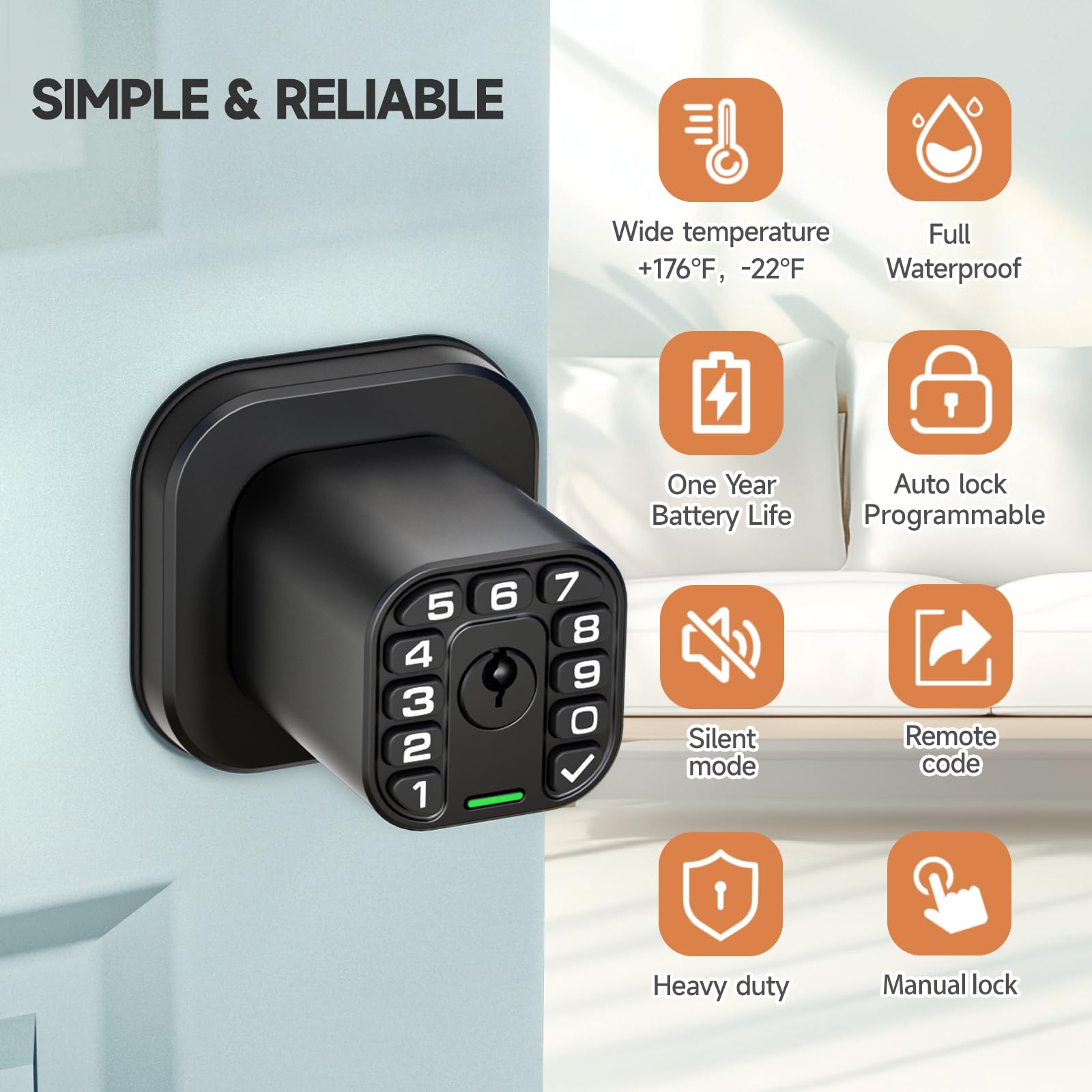 Richelock Keylees - Pomo cuadrado con teclado, cerradura de puerta de entrada con cilindro, bloqueo automático, impermeable y resistente a la intemperie, para exteriores e interiores, dormitorio,