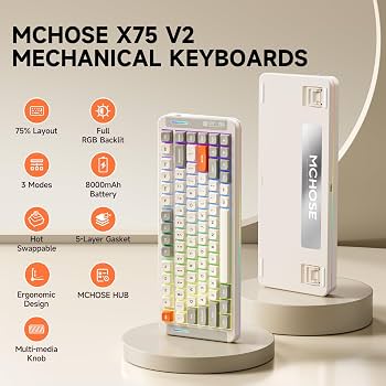 MCHOSE Teclado Mecânico Sem Fio X75 V2 Com Botão De Volume, Tri