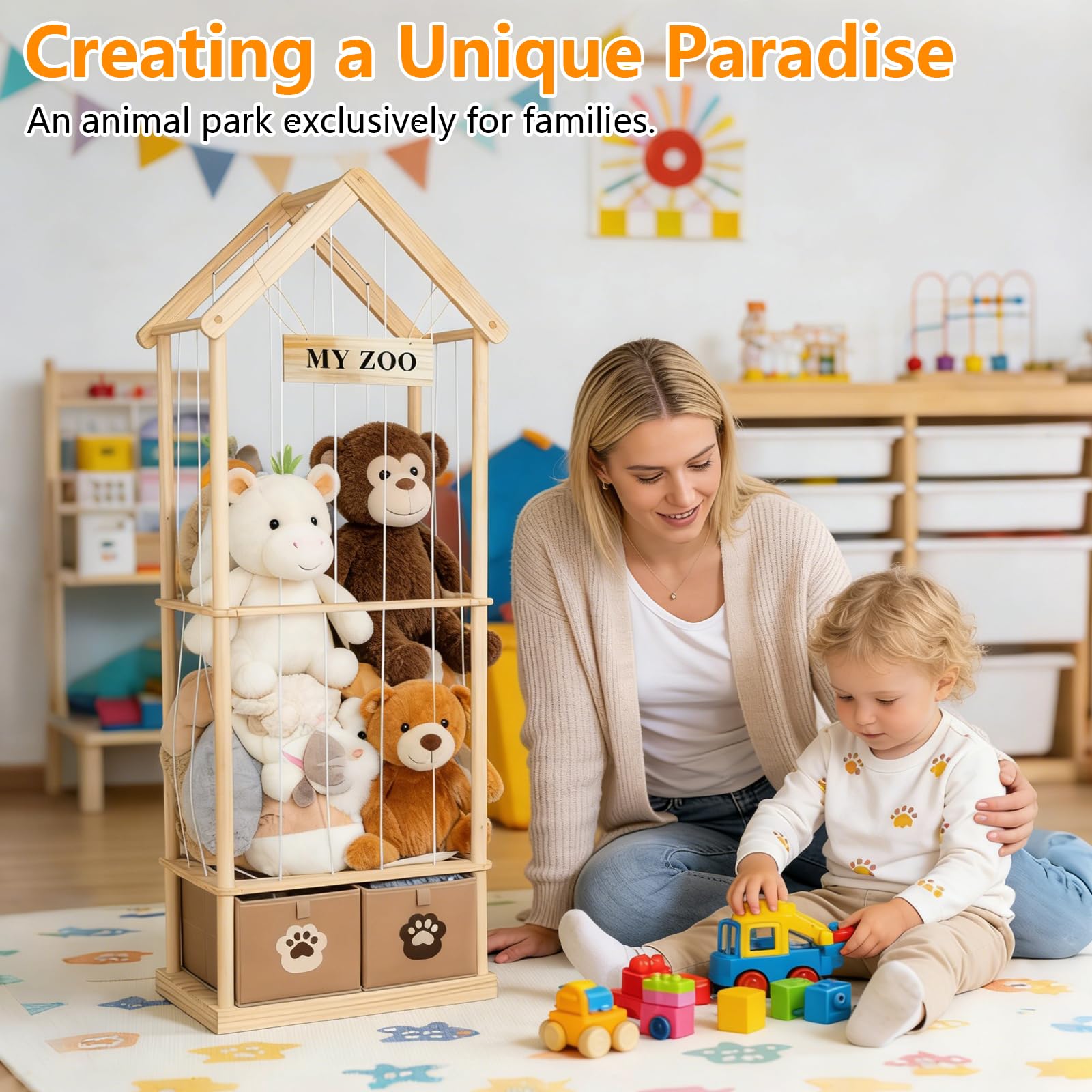 165x58x33cm Plüschtier Aufbewahrung aus Holz mit 2 Schubladen, Massivholz Kiefer Kuscheltier Organizer, Hohes Plüschtier Regal für Kinderzimmer, Spielzimmer & Nursery