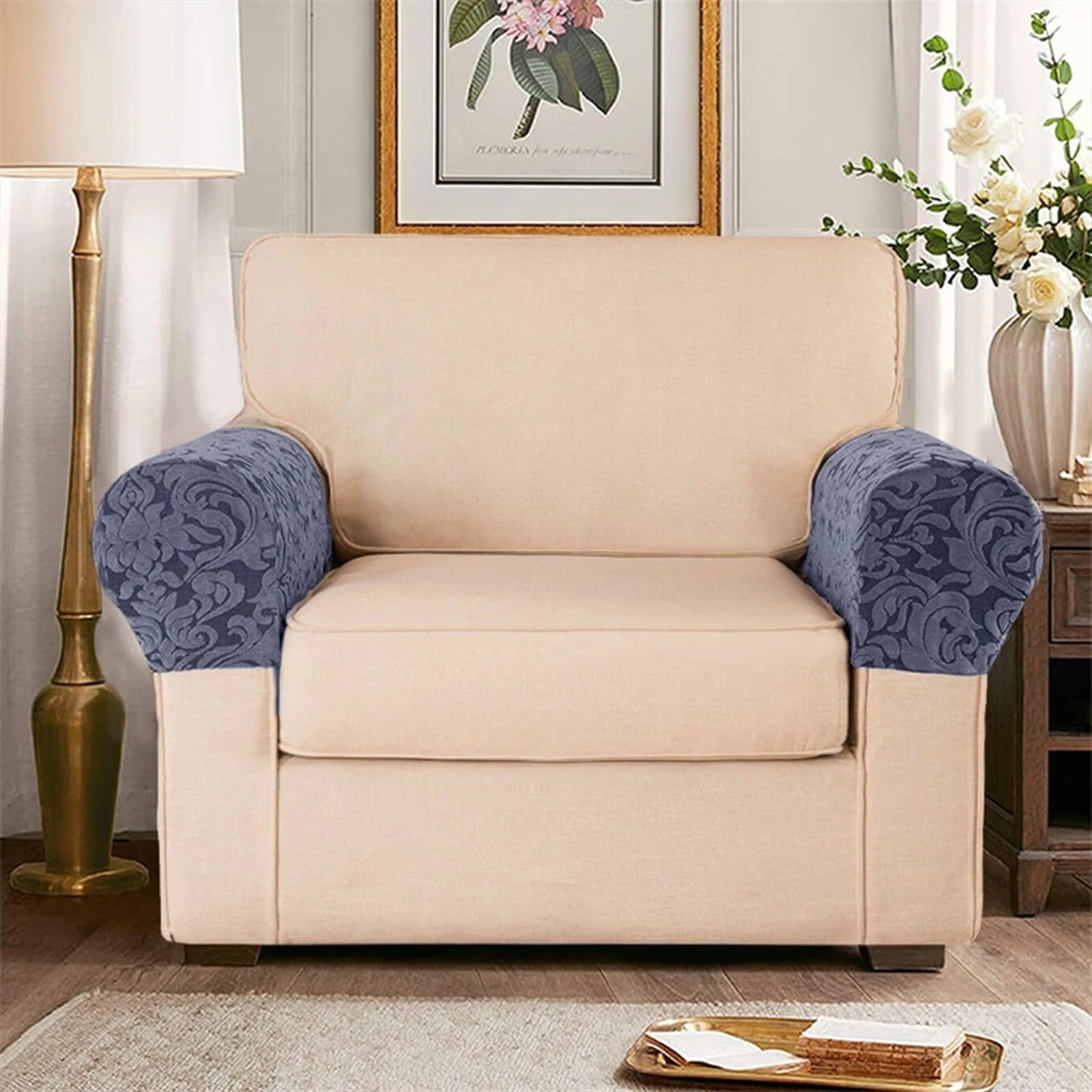 Sofa ArmlehnenbezüGe 2 stücke Jacquard Arm Stretch Sofa Abdeckung Spandex Sofa Handtuch Sessel Abdeckungen Sofa Arm Abdeckungen Universal Nicht-Slip FüR Couch, Stuhl, Armschutz(Light Gray)