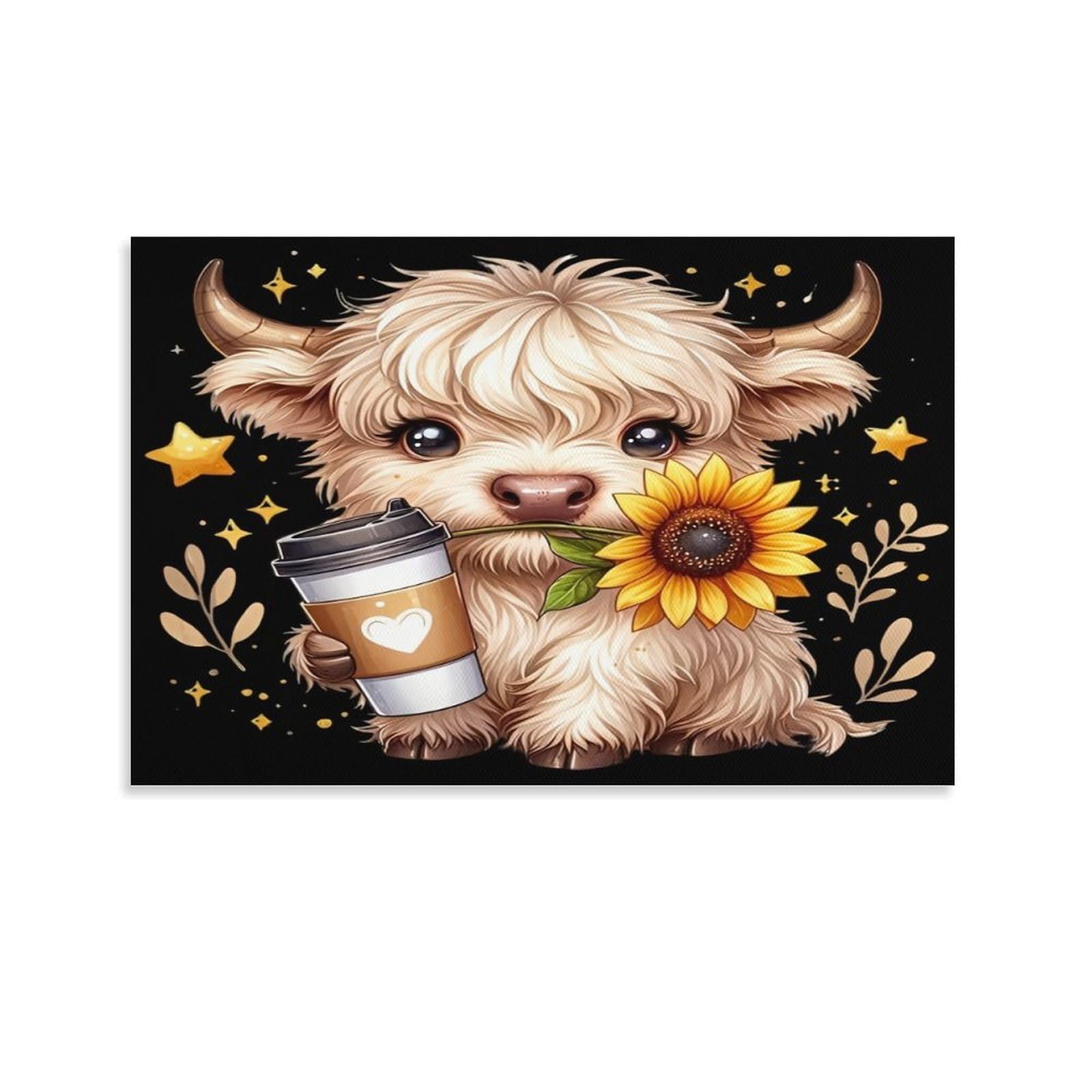 CPLVKWRQJ Cute Bull With Coffee Single Piece White Cow Coffee Sunflower Stars Canvas Wall Decor - Office Canvas Print Fade Resistant Wall Focal Art Decor 20x30inch(50x75cm)
