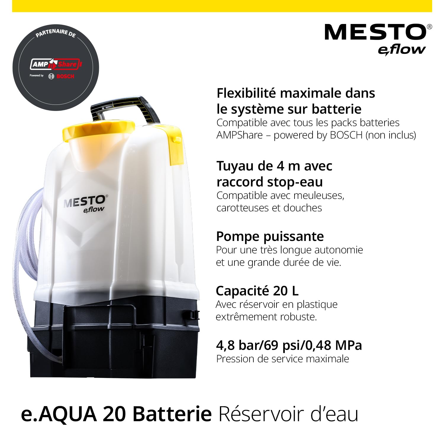 MESTO e.AQUA 20 L Akku-Wasserbehälter | Wassertank mit Pumpe & 4 m Schlauch | Für Bau Garten & Diamanttechnik | Ohne Akku & Ladegerät